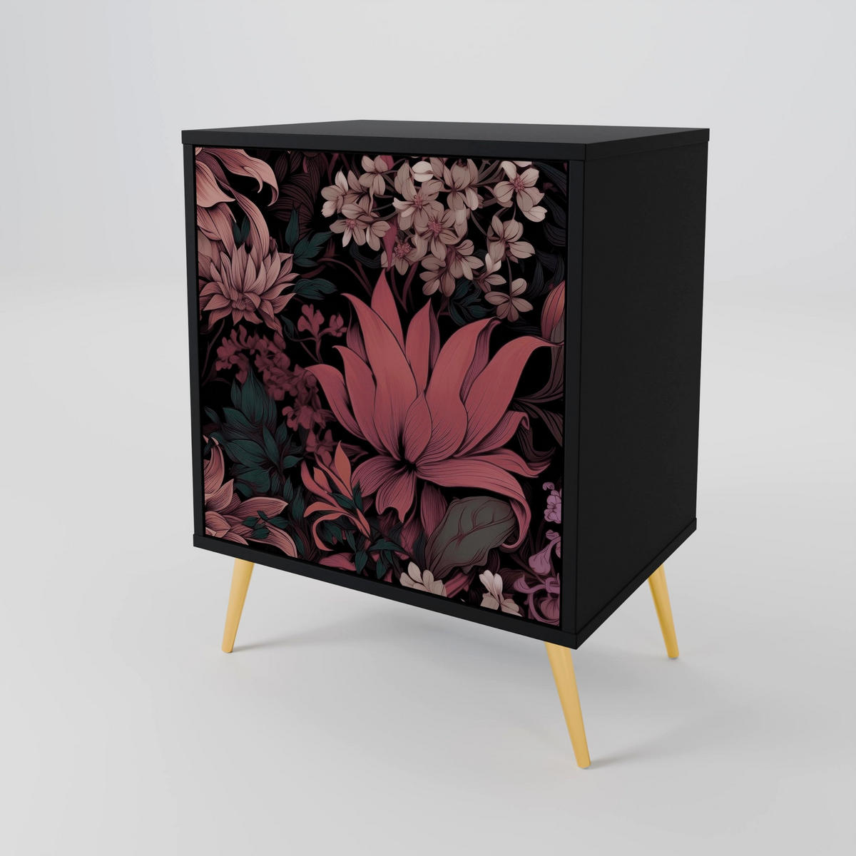 SIDEBOARD FLORAL WHISPER, Schwarz, 57,5x42x70,5 cm, Schwarze Metall-Sternfüße - Multicolor/Schwarz, Holzwerkstoff/Metall (57.5/70.5/42cm) - SpaceRebels