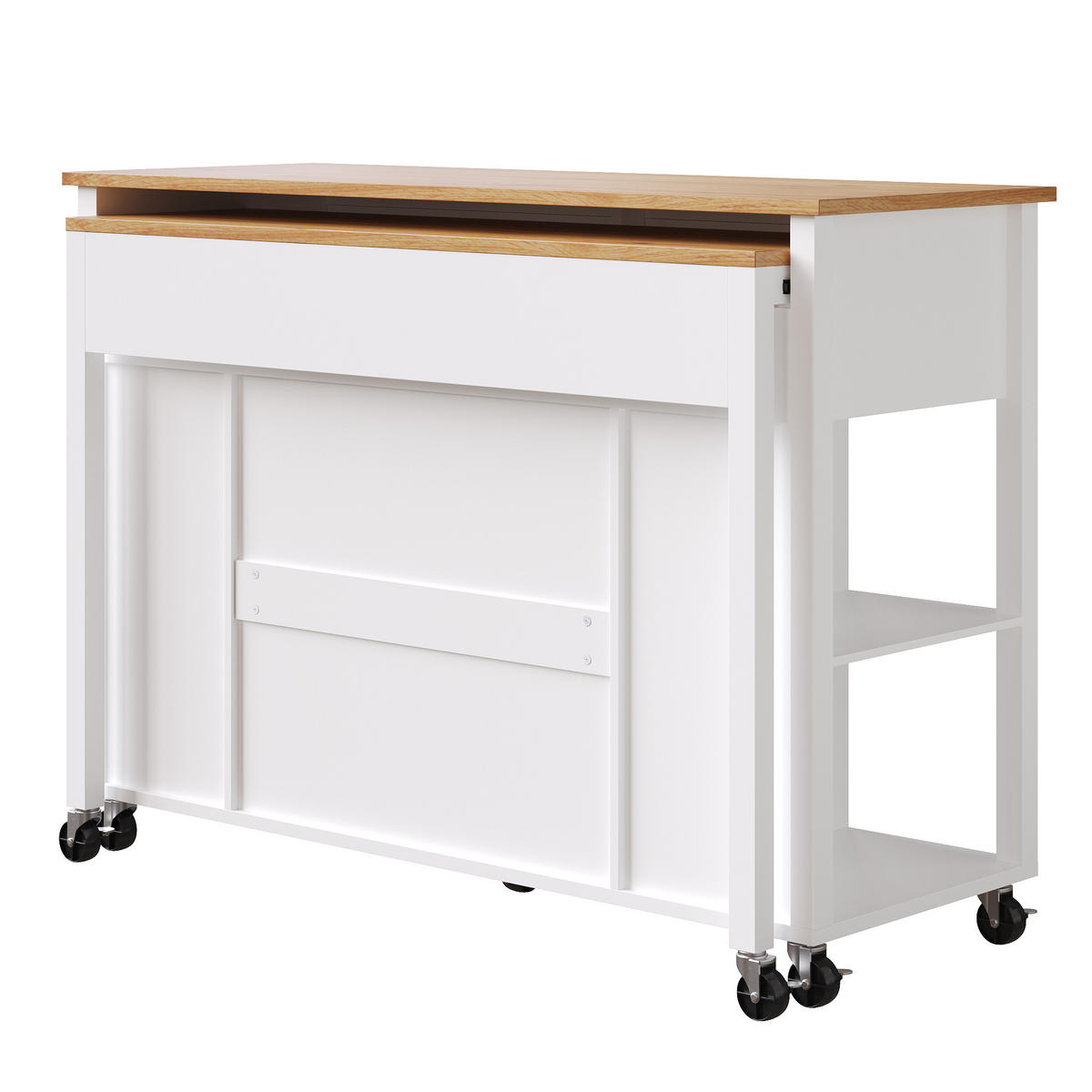 KÜCHENINSEL 120/50/92 cm weiß und Metall mit ausziehbarer Ablage und Rollen - Weiß, Holzwerkstoff (120/92/81.5cm) - OKWISH