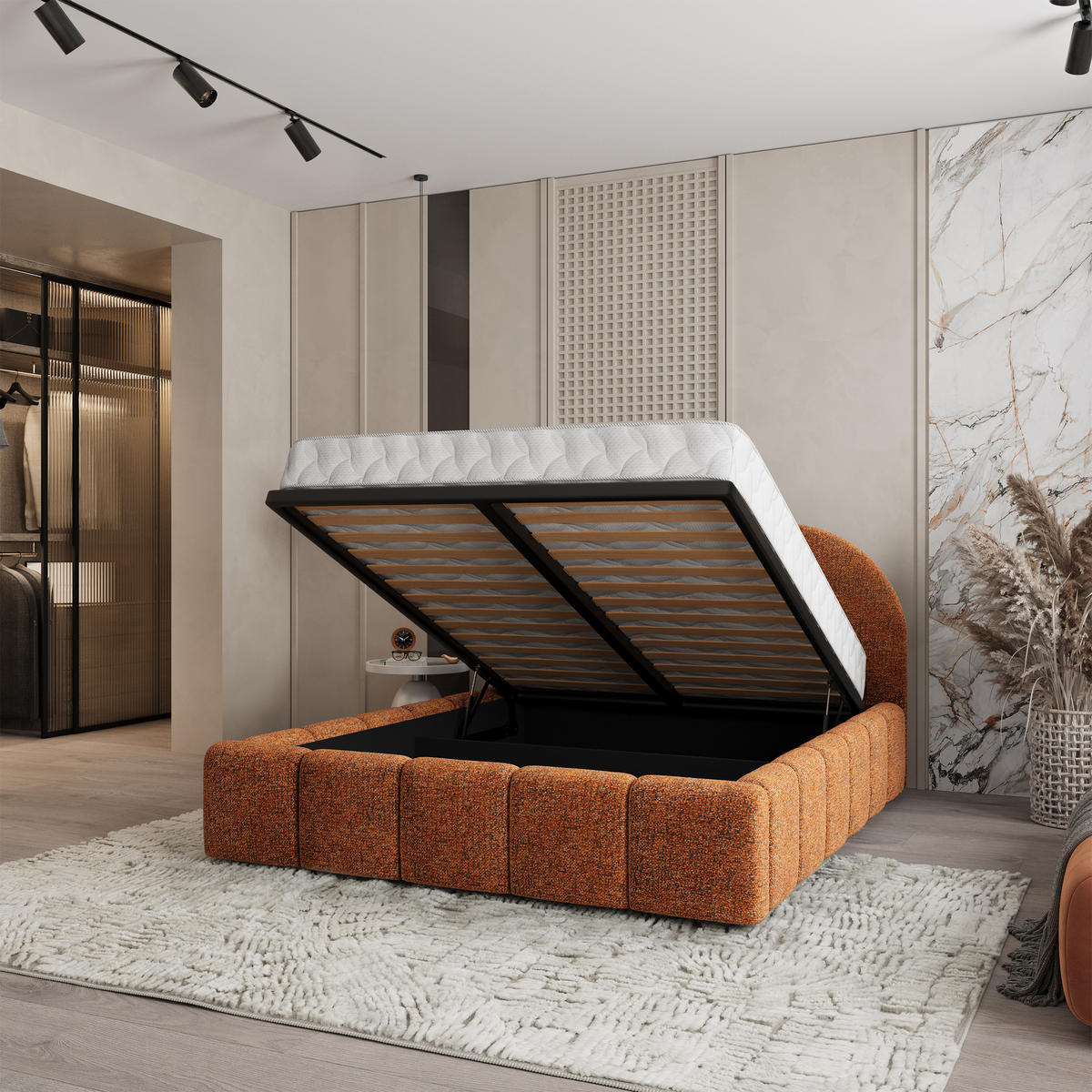 POLSTERBETT FLUSSO 200x200 cm mit Bettkästen - Orange - Orange, Holz (200/200cm) - MASSENO