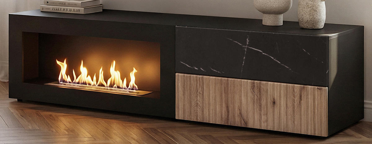 TV-LOWBOARD schwarz, Vicking Eiche, Marmor schwarz 160 x 42 cm, TV Unterteil mit Ethanol Kamin - Eichefarben/Schwarz, Holzwerkstoff/Kunststoff (160/42/45cm) - Inn.Furn