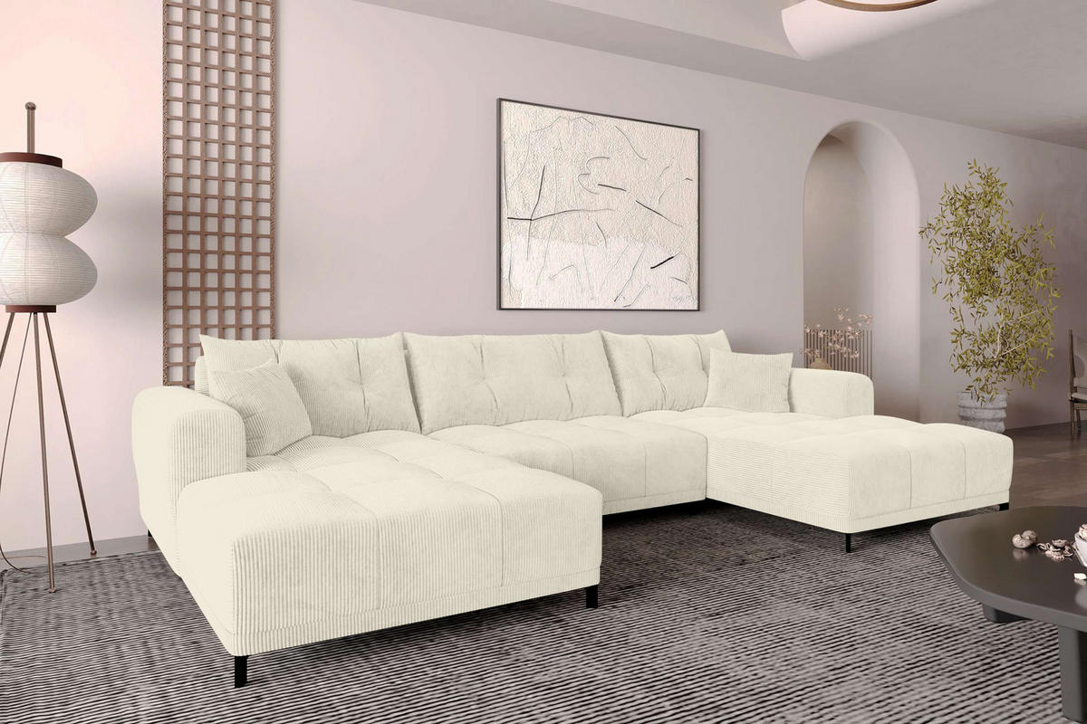 WOHNLANDSCHAFT Massimo Cordstoff Creme inkl. Schlaffunktion - Creme/Schwarz, Textil/Metall (356/94/181cm) - 99rooms