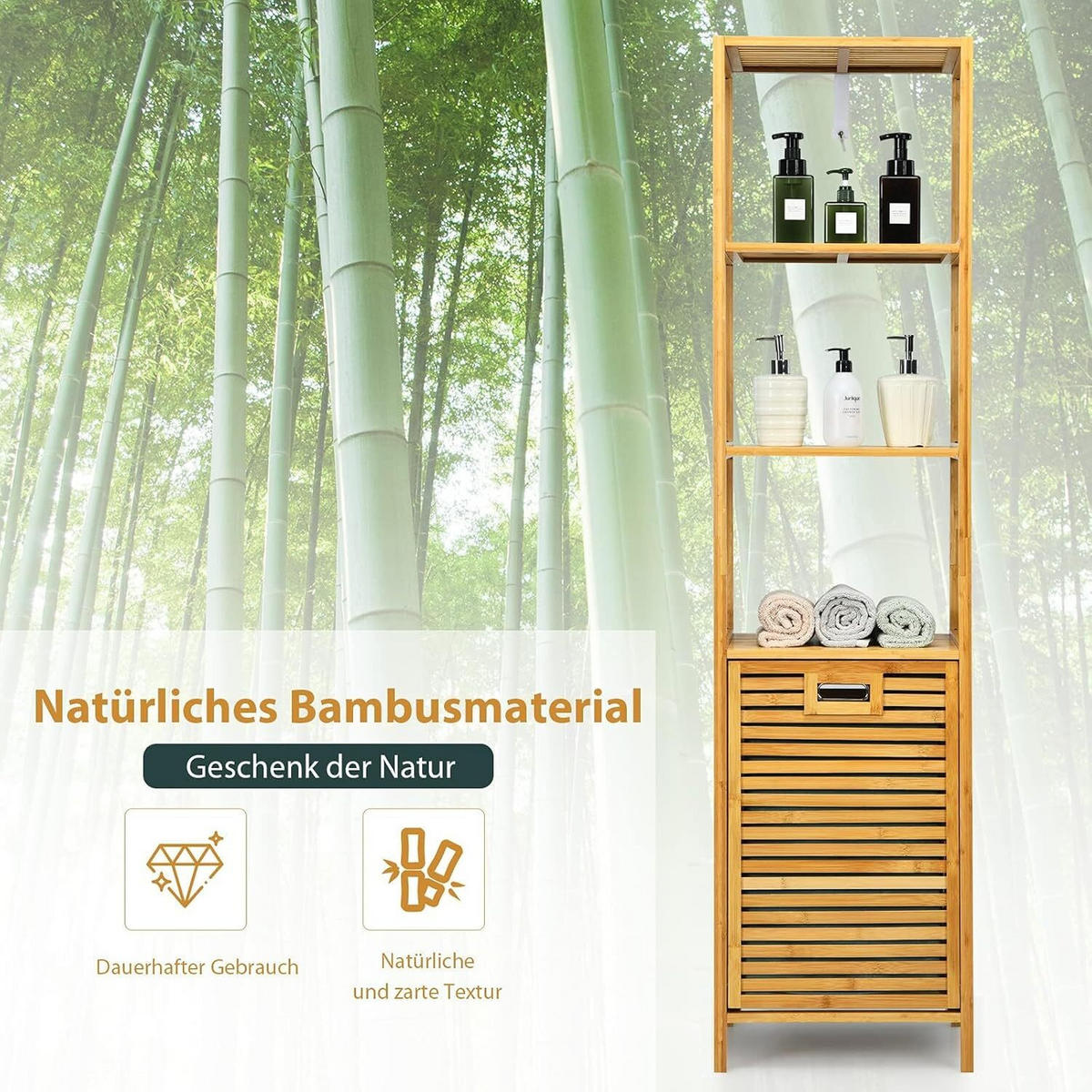 WÄSCHESCHRANK mit abnehmbarem Wäschesack & Griff natur - Naturfarben, Naturmaterialien (40/160/33cm) - COSTWAY