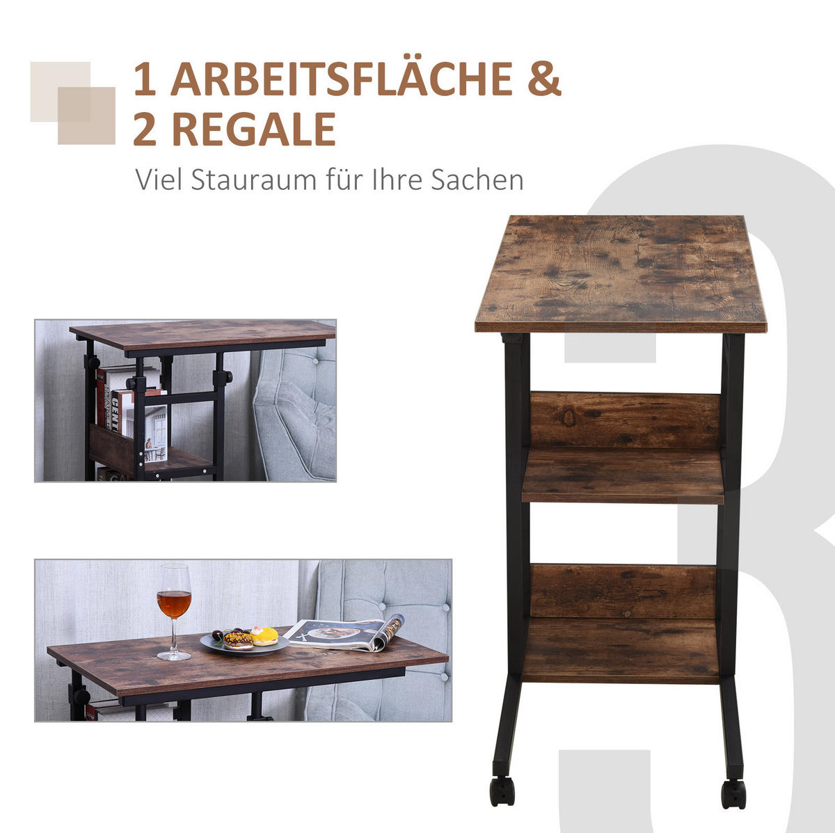 BEISTELLTISCH 80/40/72-82 cm Schwarz mit C-förmigem Design 2 Regale aus Metall - Braun, Metall (80/40/82cm) - OKWISH
