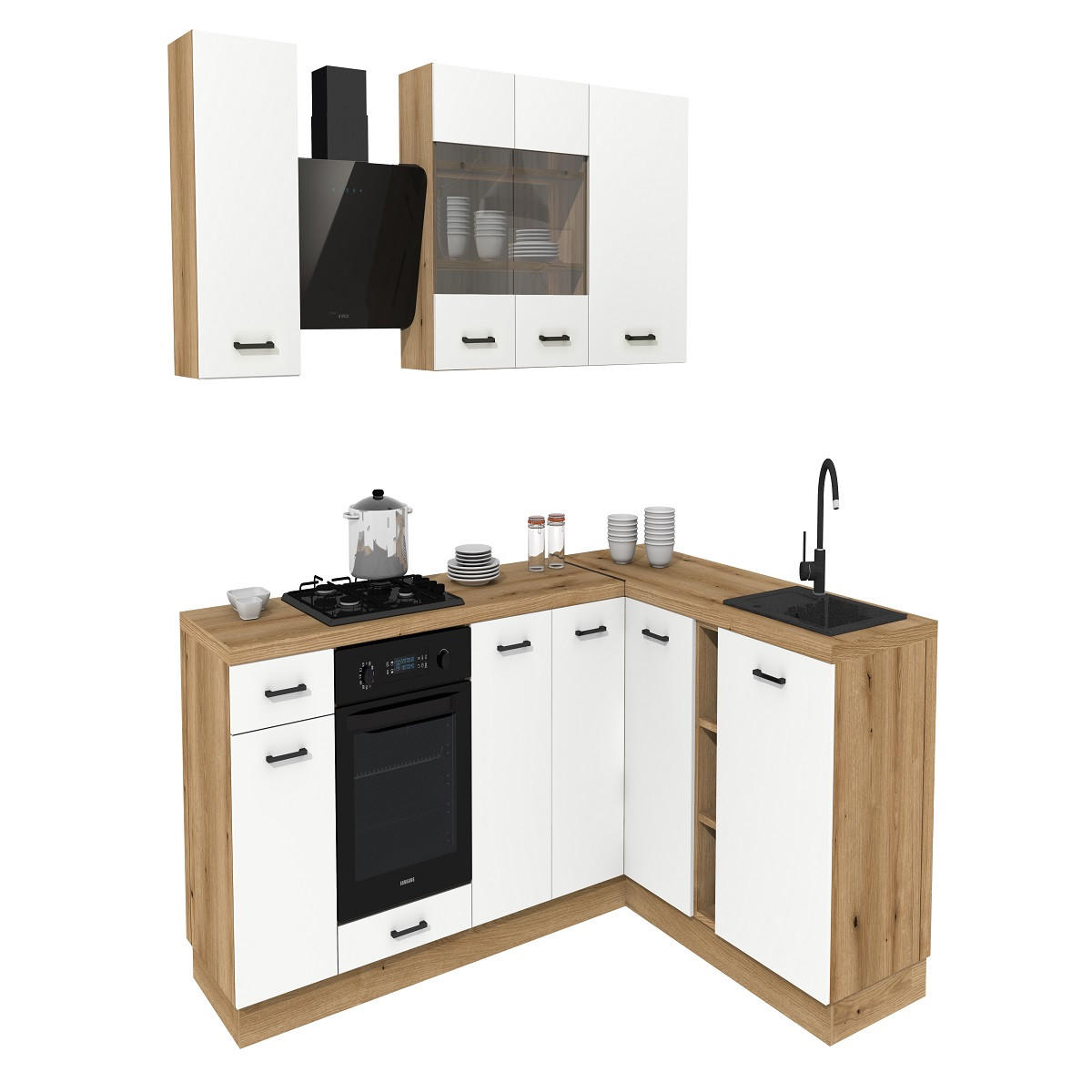 WINKELKÜCHE 240x180 cm mit Arbeitsplatte- SIMPLY Z20 - in Weiß Matt / Eiche - Eichefarben/Schwarz, Holz (420/212/53cm)