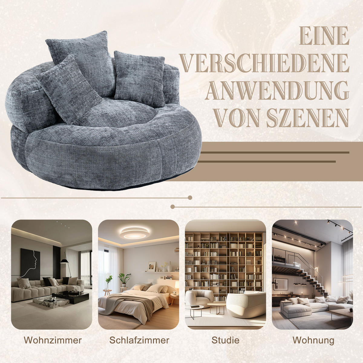 SITZSACK in Chenille mit 3 Kissen - Dunkelgrau, Textil (108/52/108cm) - Urban Meuble