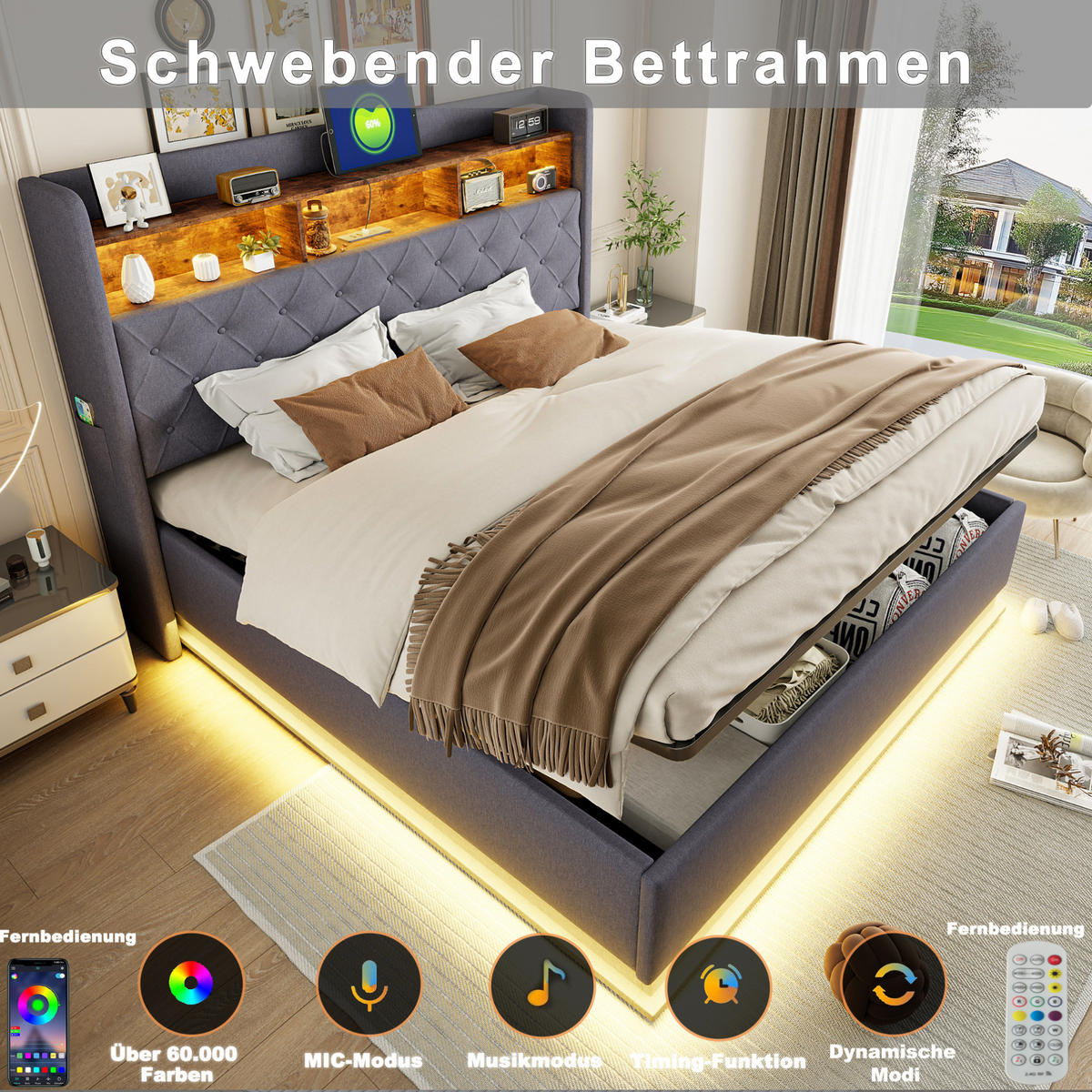 POLSTERBETT 180/200 cm Grau mit LED-Beleuchtung und USB-Anschluss aus Leinen - Grau, Textil (180/200cm) - OKWISH