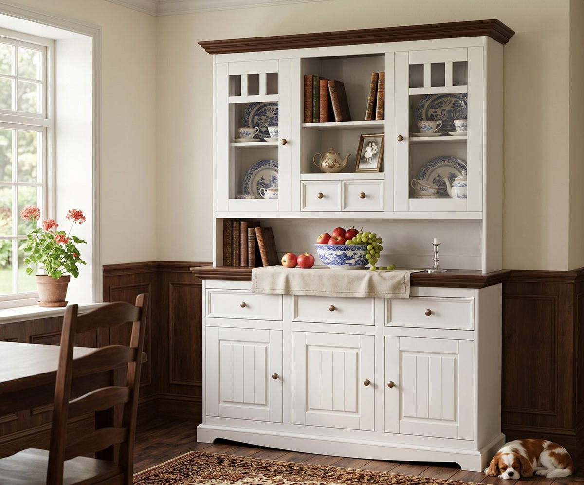 BUFFETSCHRANK Belluno Elegante Kiefer weiß (RAL9010) lackiert / Kiefer gebeizt, Nussbaumfarben 130 / 45 / 190cm - Nussbaumfarben/Weiß, Holz/Metall (130/190/45cm) - Feldmann-Wohnen