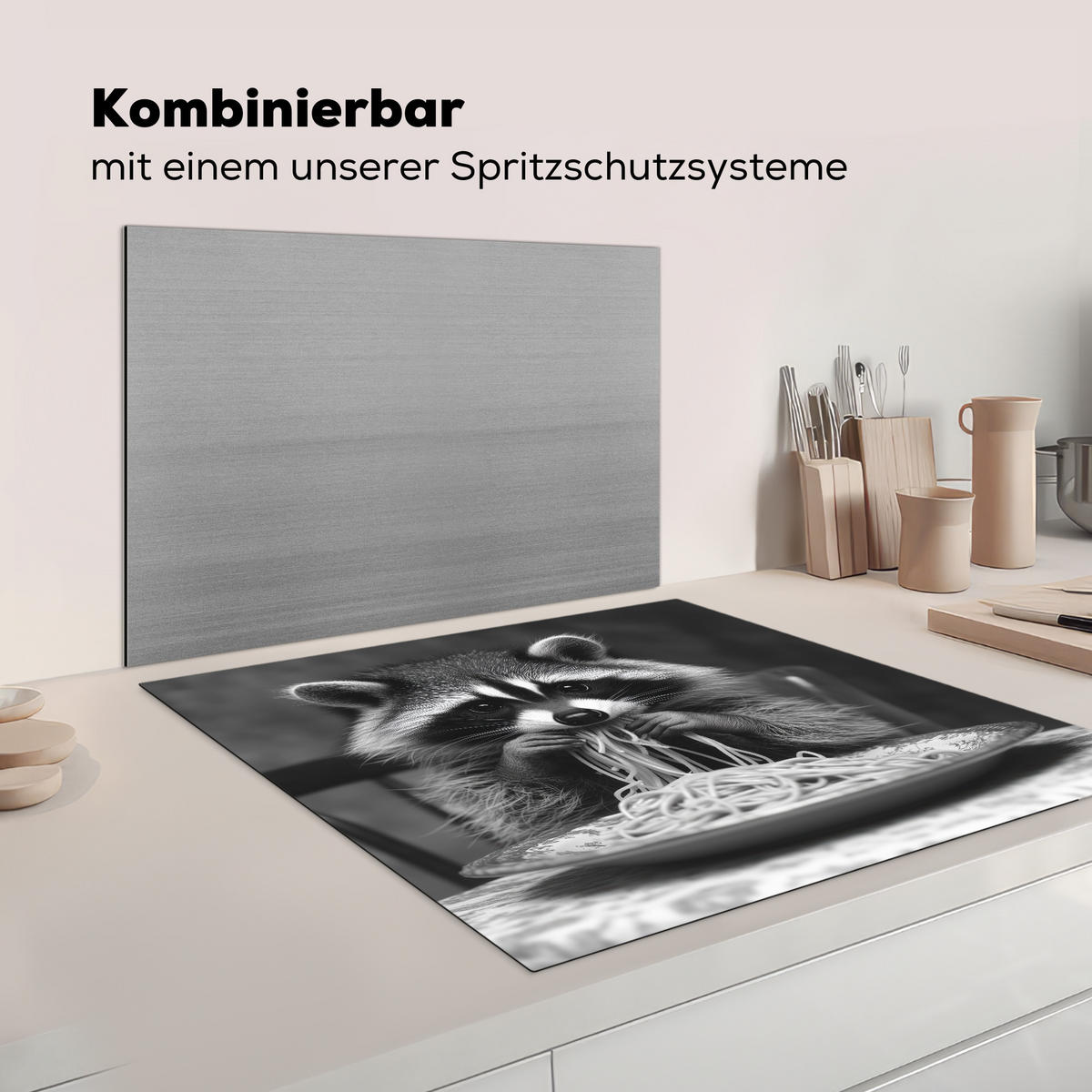 HERDABDECKPLATTE Waschbär - Niedlich - Pasta - Tischtuch - Schwarz - Weiß Induktionsmatte 78x78 cm - Grau, Kunststoff (78/78/0.2cm) - MuchoWow