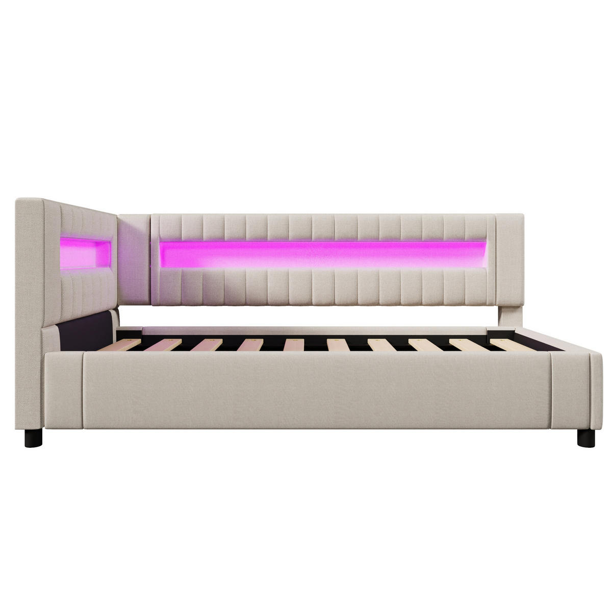 POLSTERBETT 90/200 cm aus MDF und Sperrholz mit Leinenbezug LED-Beleuchtung und Stauraum Grau - Grau, Holzwerkstoff (90/200cm) - Modenvie