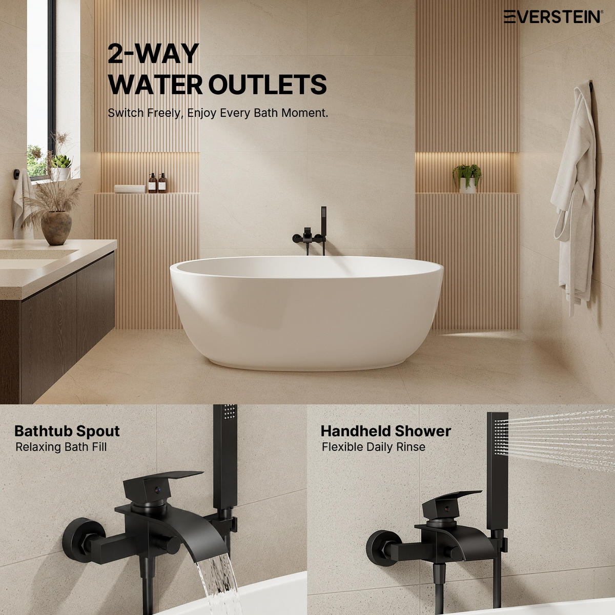 BADEWANNENARMATUR SFS-5005 Schwarz Matt, Aufputz mit Wasserfallauslauf 200 mm Handbrause 1500 mm Einhebel 150 mm Stichmaß - Schwarz, Metall (6/20/23cm) - Everstein