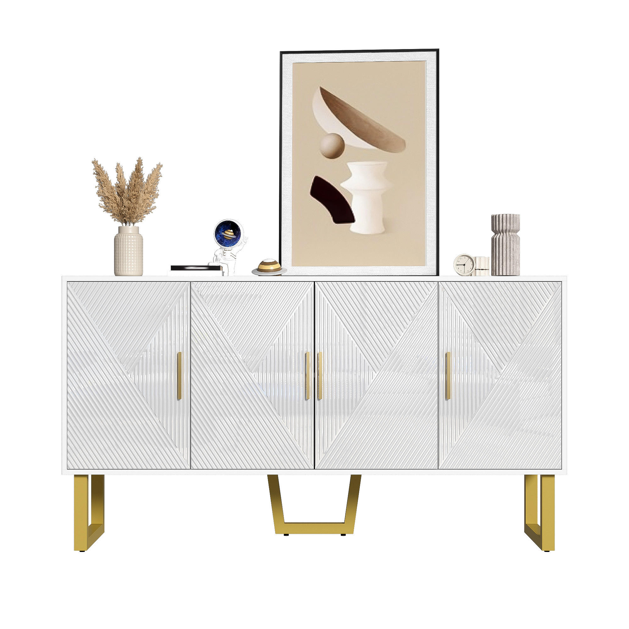 SIDEBOARD in Weiß Anrichte mit 4-Türen-Design und goldenen Griffen für Wohnzimmer und Schlafzimmer, B150/T40/H82 cm - Goldfarben/Weiß, Holzwerkstoff/Metall (150/82/40cm) - STILVORA