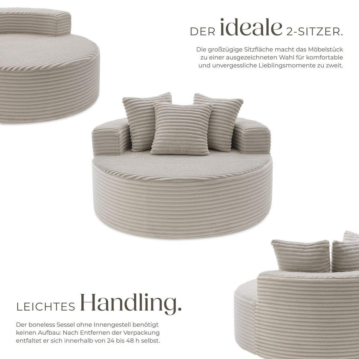 RELAXSESSEL Love, Ø 127 x 60 cm, mit 3 Kissen, Samtcord beige - Beige, Kunststoff/Textil (127/60/127cm) - tectake