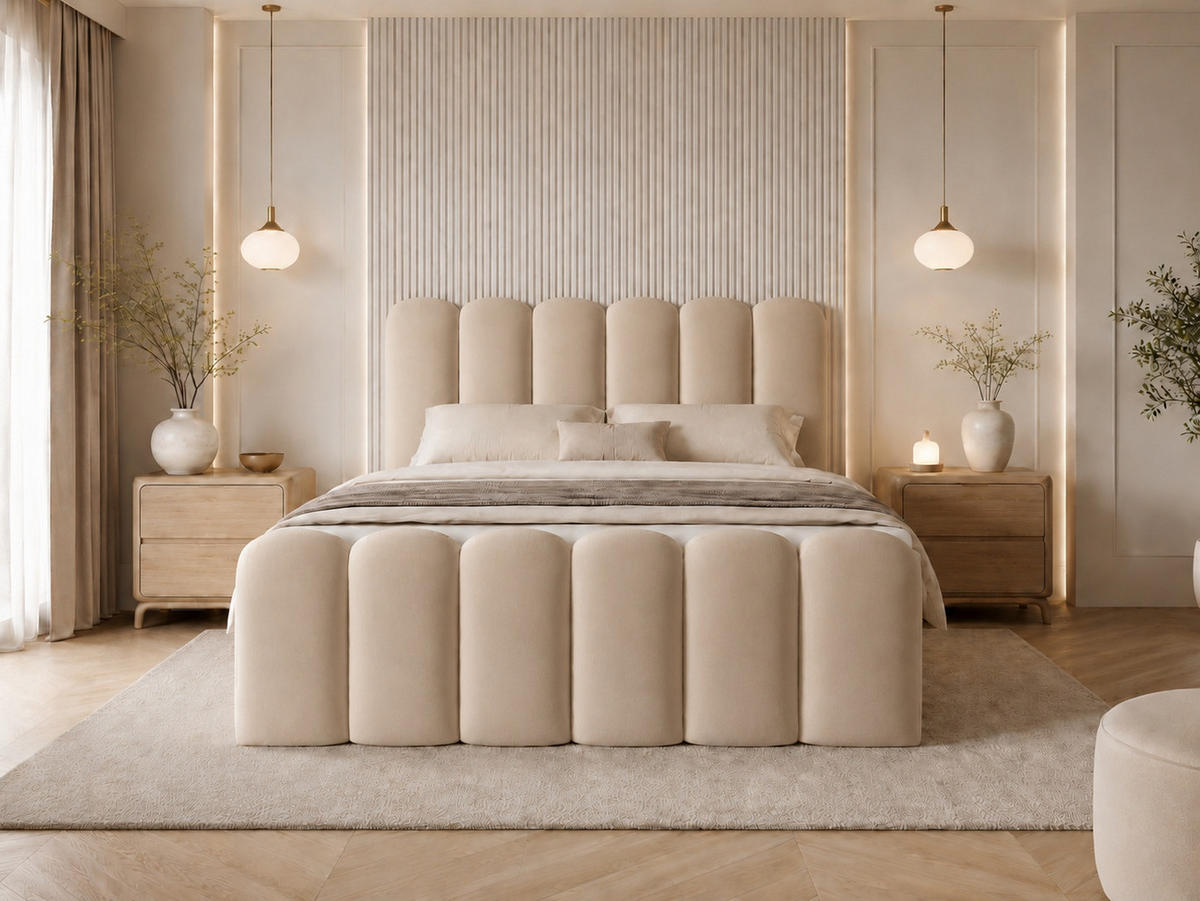 BOXBETT CUDDLE 120x200 cm in Hellbeige, Bettkasten, Topper, Velvet-Stoff - Beige, Holz/Textil (120/200cm) - EMLAR Home