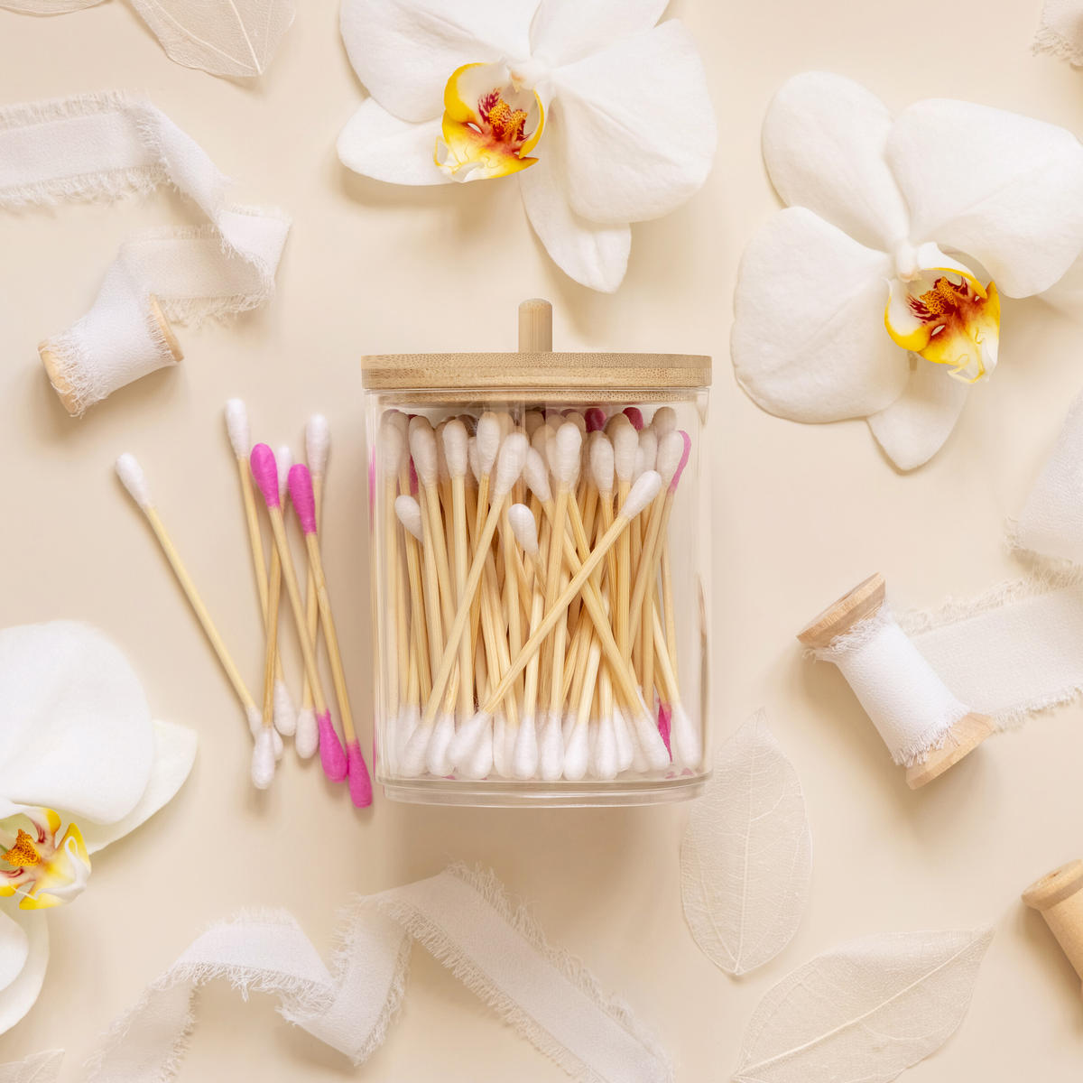 WATTESTÄBCHEN-BEHÄLTER - Multicolor, Holz/Kunststoff (10/11/10cm) - Relaxdays