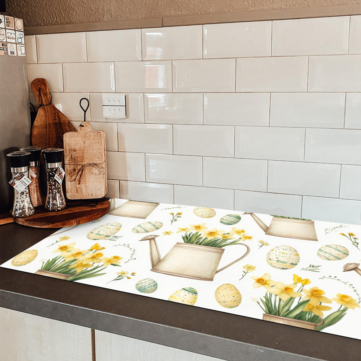HERDABDECKPLATTE Gießkanne - Blumen - Eier Ceranfeldabdeckung 90x52 cm - Weiß, Kunststoff (90/52/0.2cm) - MuchoWow