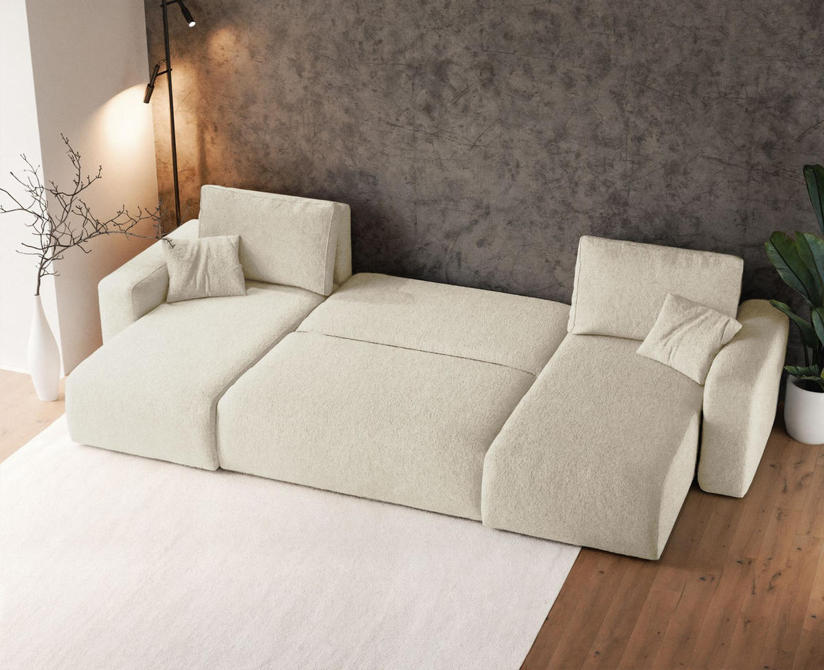 WOHNLANDSCHAFT Pianoni Creme Bouclé-Bezug - Creme/Schwarz, Kunststoff/Textil (312/83/140cm) - Selsey