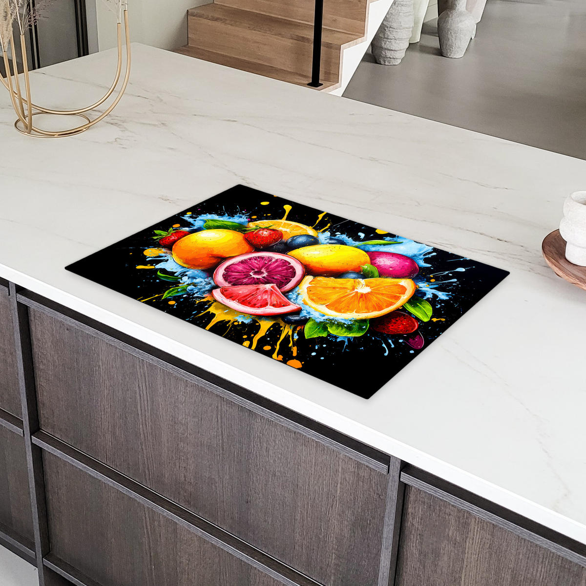 HERDABDECKPLATTE Obst - Graffiti - Bunt - Orange - Erdbeere - Abstrakt 76x51 cm - Orange, Kunststoff (76/0.2/51.5cm) - MuchoWow