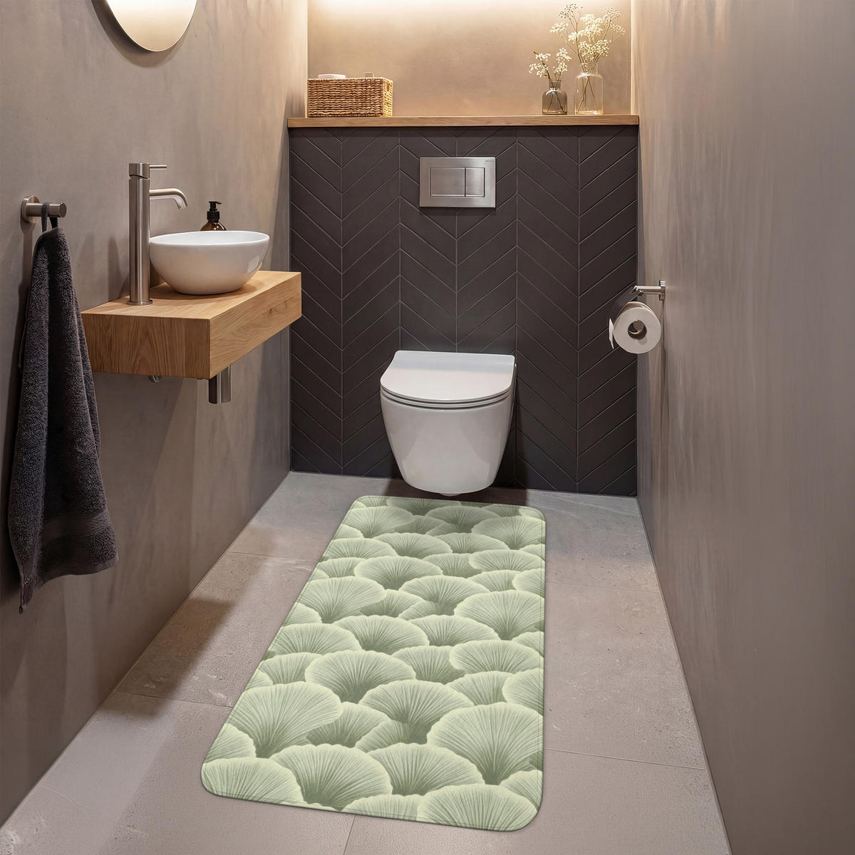 WC PŘEDLOŽKA Vějíř - list - zelený 60x120 cm - pastelově zelená, textil/plast (60/1cm) - OnlyWow