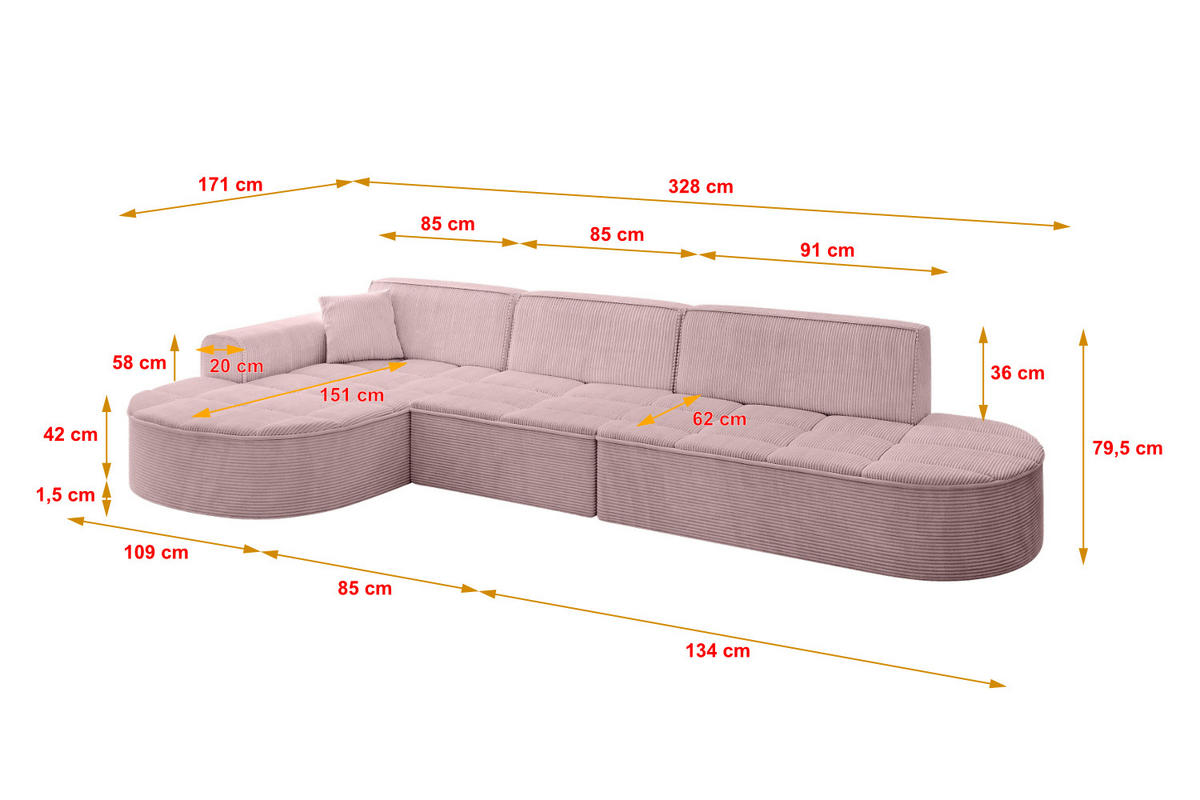 ECKSOFA Ottomane Links TARO-L2 - 328x171x79,5 cm Rosa - Rosa, Holzwerkstoff/Textil (328/171cm) - ALTDECOR