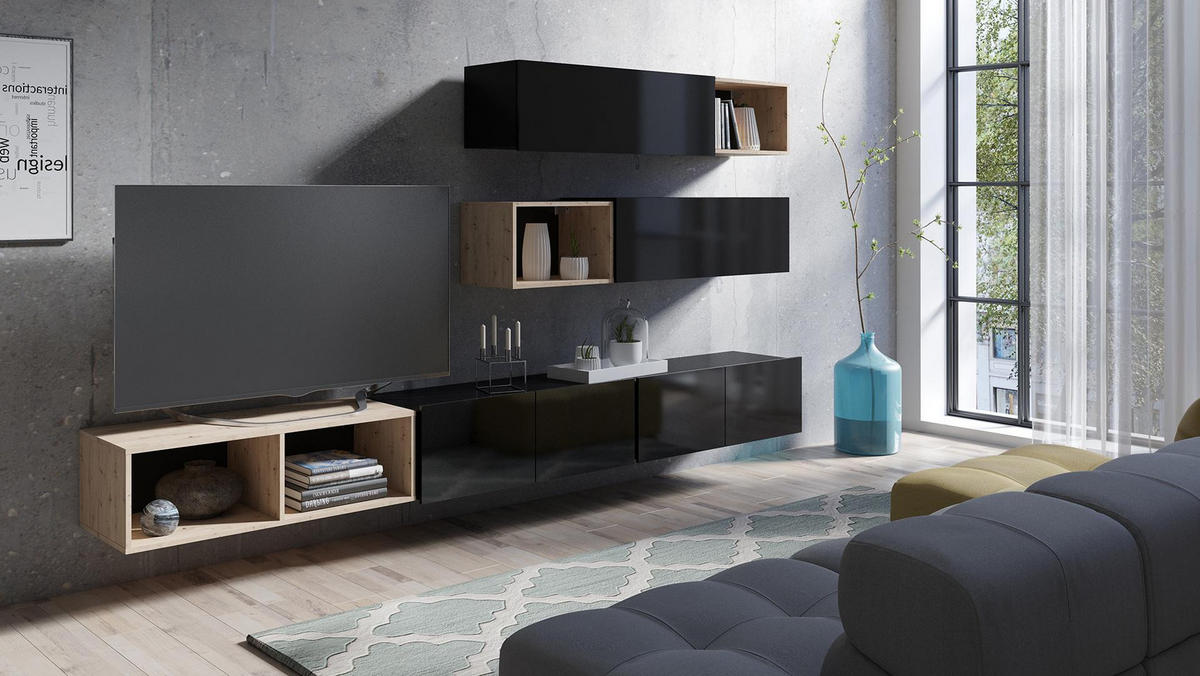 WOHNWAND Kossana 25 Modern Schwarz/Goldene Eiche 300/104/43 cm Schrankwand - Schwarz, Holzwerkstoff/Kunststoff (300/105/43cm) - AX Living