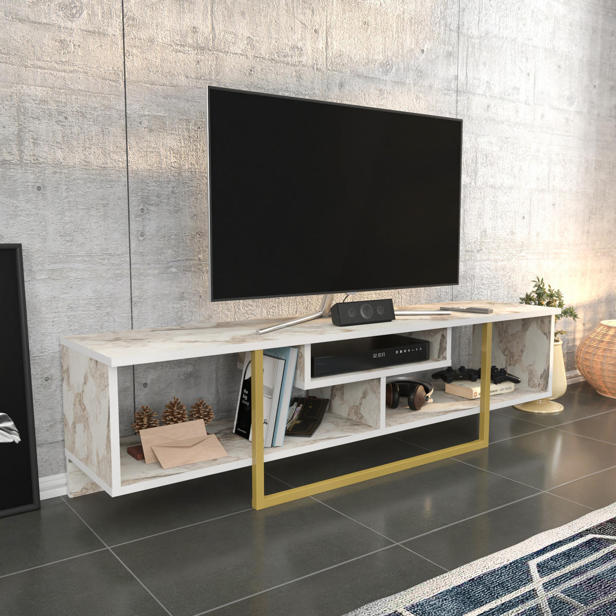 TV-ELEMENT Asal Marmor Weiss Gold - Goldfarben/Weiß, Holzwerkstoff (149.4/40/35.2cm) - Decorotika