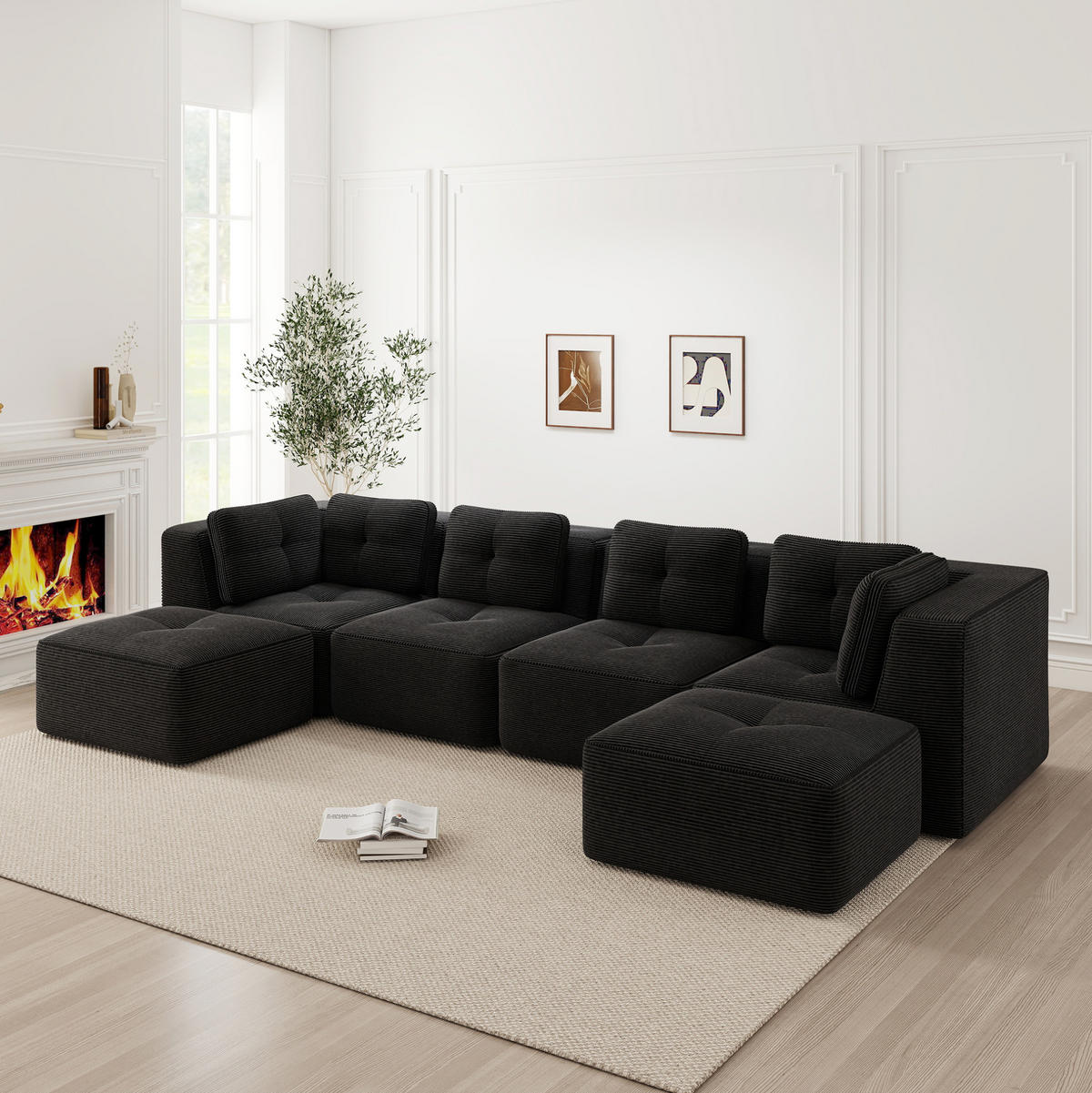 ECKSOFA 386/177/69 cm schwarz aus Cord modular ohne Aufbau - Schwarz, Textil (177/386cm) - OKWISH