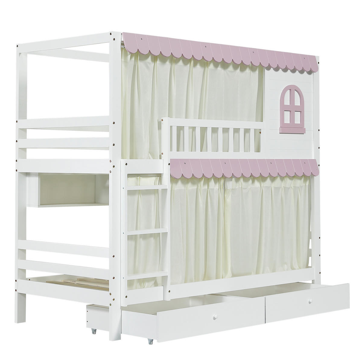 ETAGENBETT Kinder 90x200 Weiß+Rosa mit Fenster, Vorhängen und Stauraum - Weiß, Holz (90/200cm) - ComfortXL