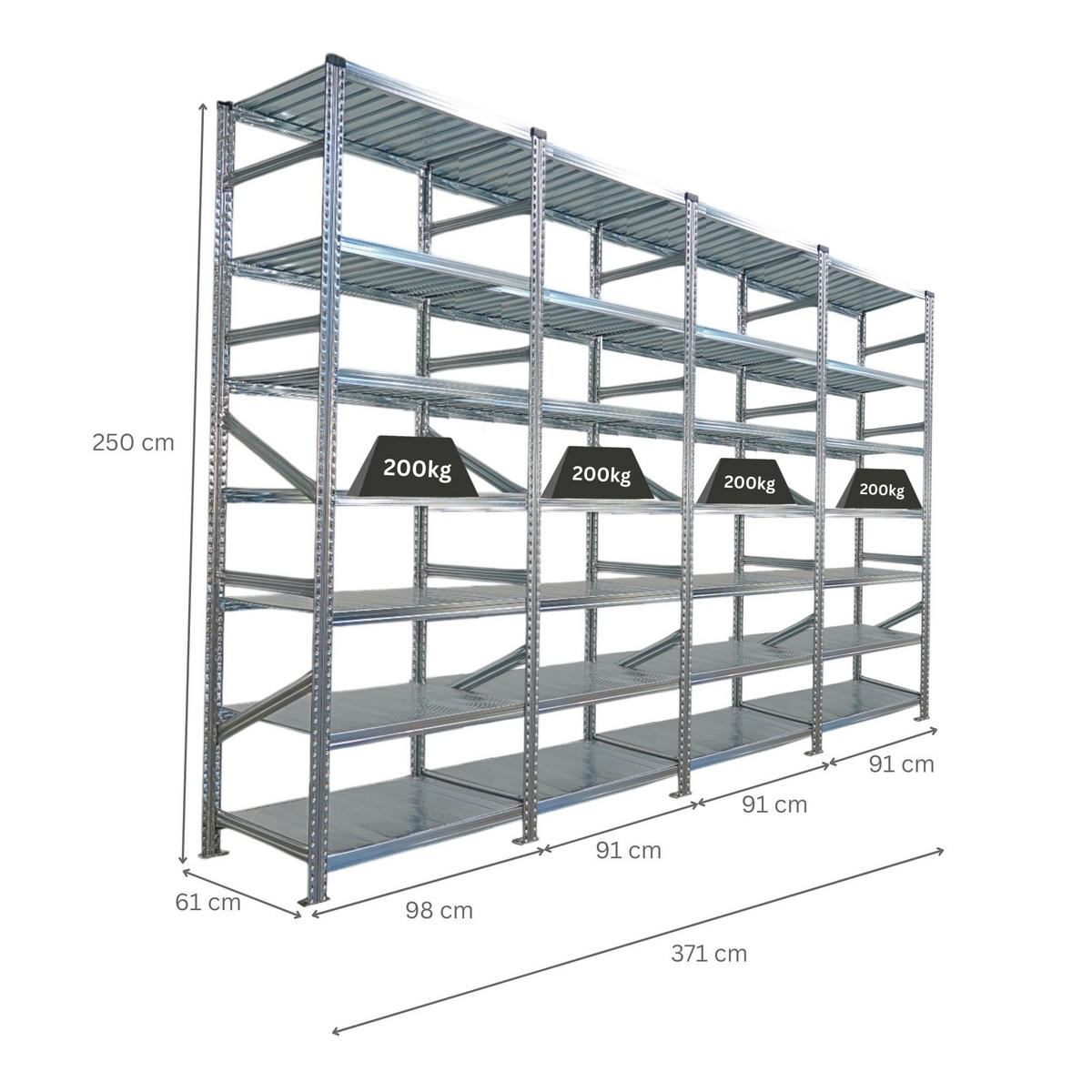 FACHBODENREGAL Proximo Stecksystem 250x360x60cm 7 Ebenen Beidseitig nutzbar Verzinkt - Silberfarben, Metall (360/250/60cm) - PROREGAL