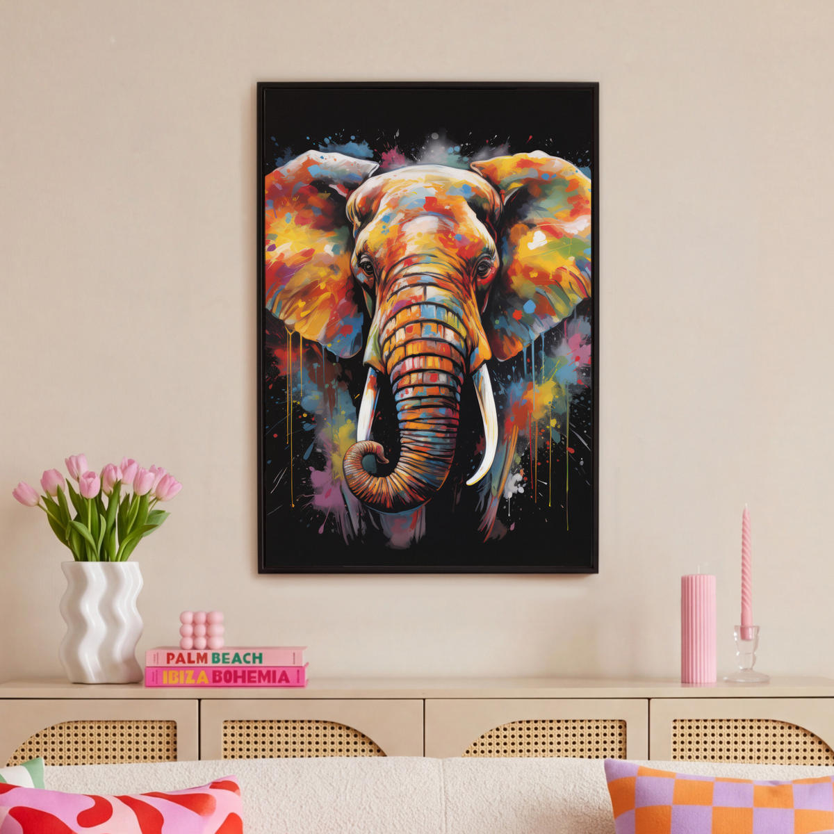 LEINWAND Bilder mit Rahmen - Elefant - Graffiti - Schwarz - Tiere - Farben - 60x90 - Schwarz, Textil (60/90cm) - MuchoWow
