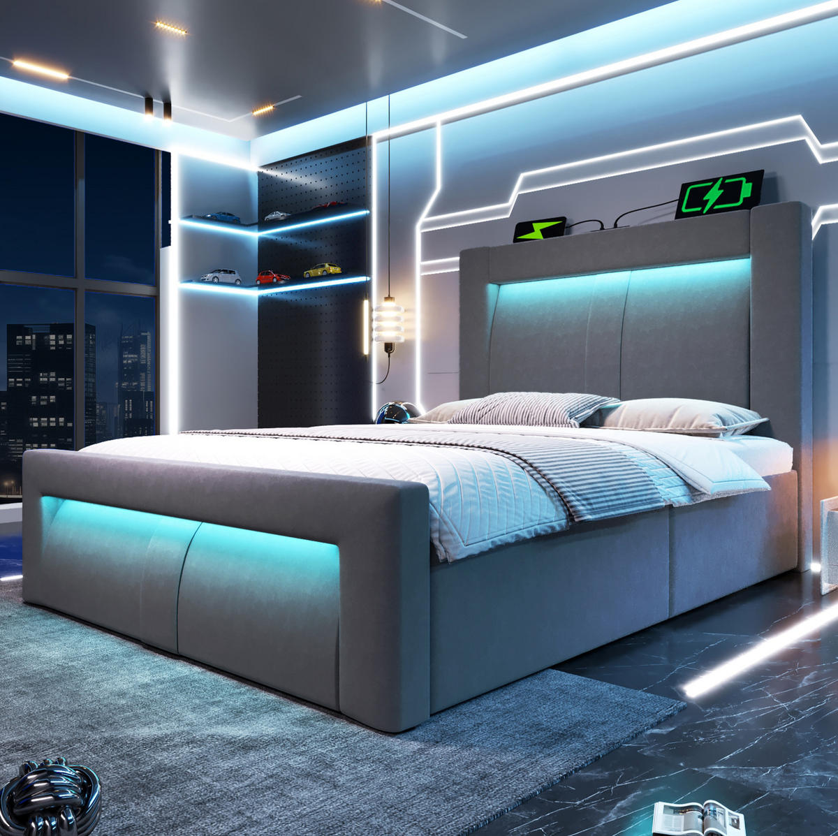 BETT mit Stauraum und LED 90x200 cm Samt Grau - Grau, Metall (90/200cm) - Meubliv