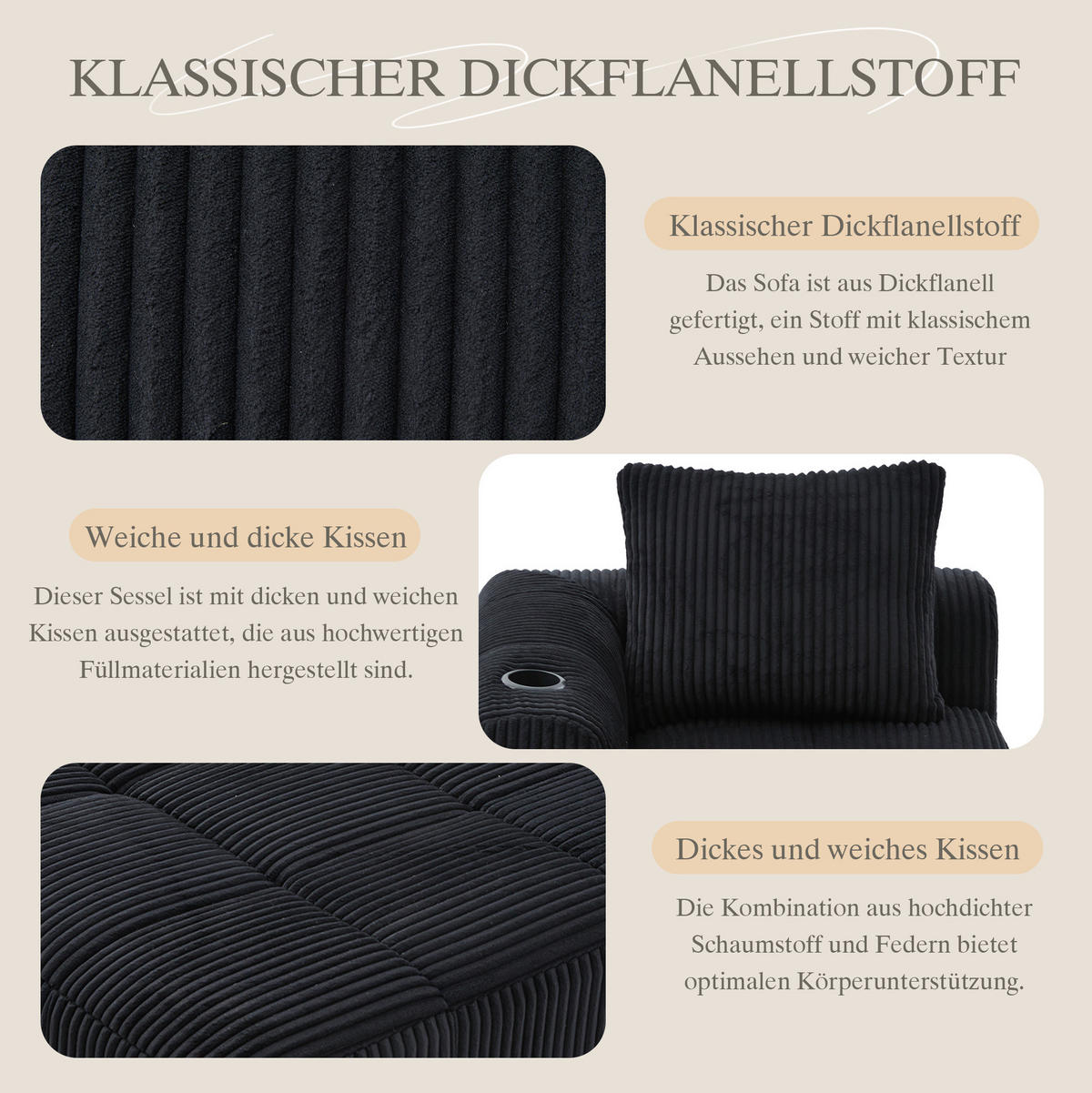 SOFA Cord mit Seitenfächern und Becherhaltern 158/93/61 cm Schwarz - Schwarz, Textil (93/61/158cm) - Redom