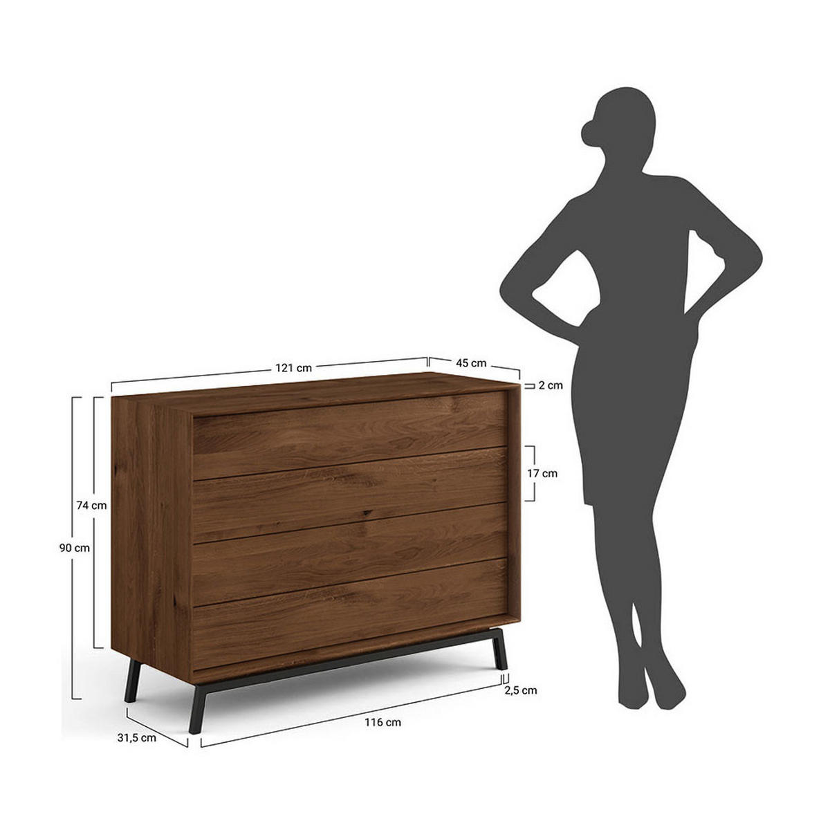 KOMMODE Modern Loft Eiche Tabak 121 / 45 / 90cm - Dunkelbraun/Schwarz, Holz (121/90/45cm) - Feldmann-Wohnen