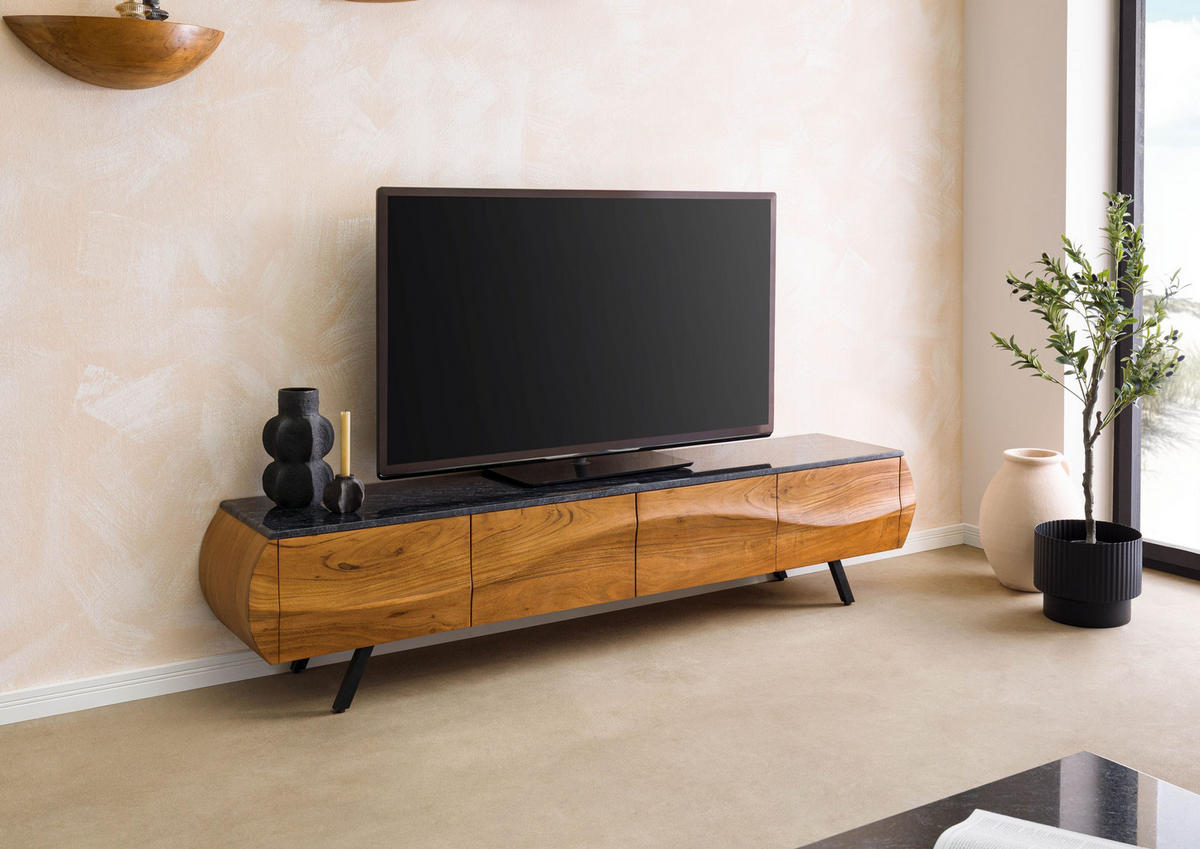 TV-BOARD Akazie 204x40x45 natur lackiert / Marmor schwarz MONTREAL #123 - Naturfarben, Holz (204/45/40cm) - Massivmoebel24