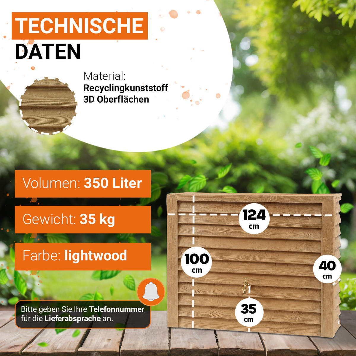 Y Wandtank 350 L, light - Braun, Kunststoff (40/100/124cm) - GARANTIA
