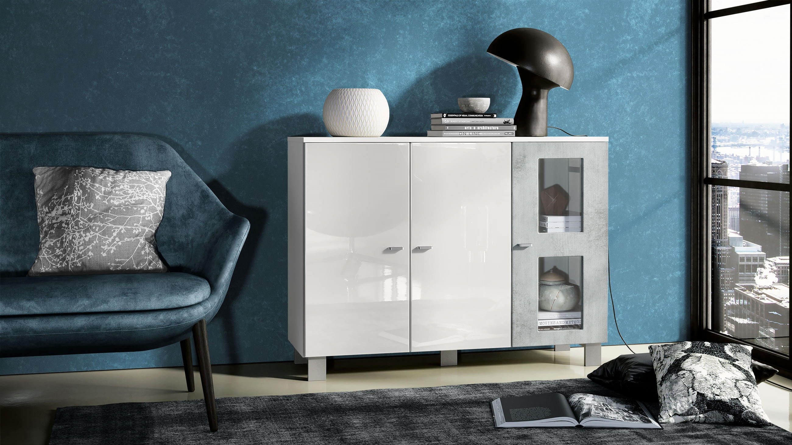 SIDEBOARD Denjo Tür in Beton Oxid Optik - Hellgrau, Holzwerkstoff (107/81/35cm) - Vladon