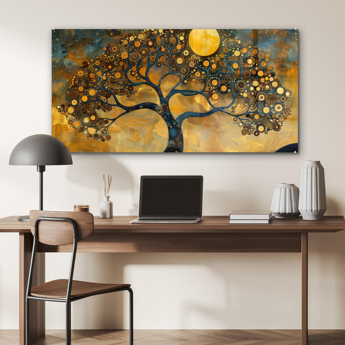 ACRYLGLASBILD Baum - Mond - Blumen - Gold - Kunst 120x60 cm - Orange, Glas (120/60cm) - MuchoWow