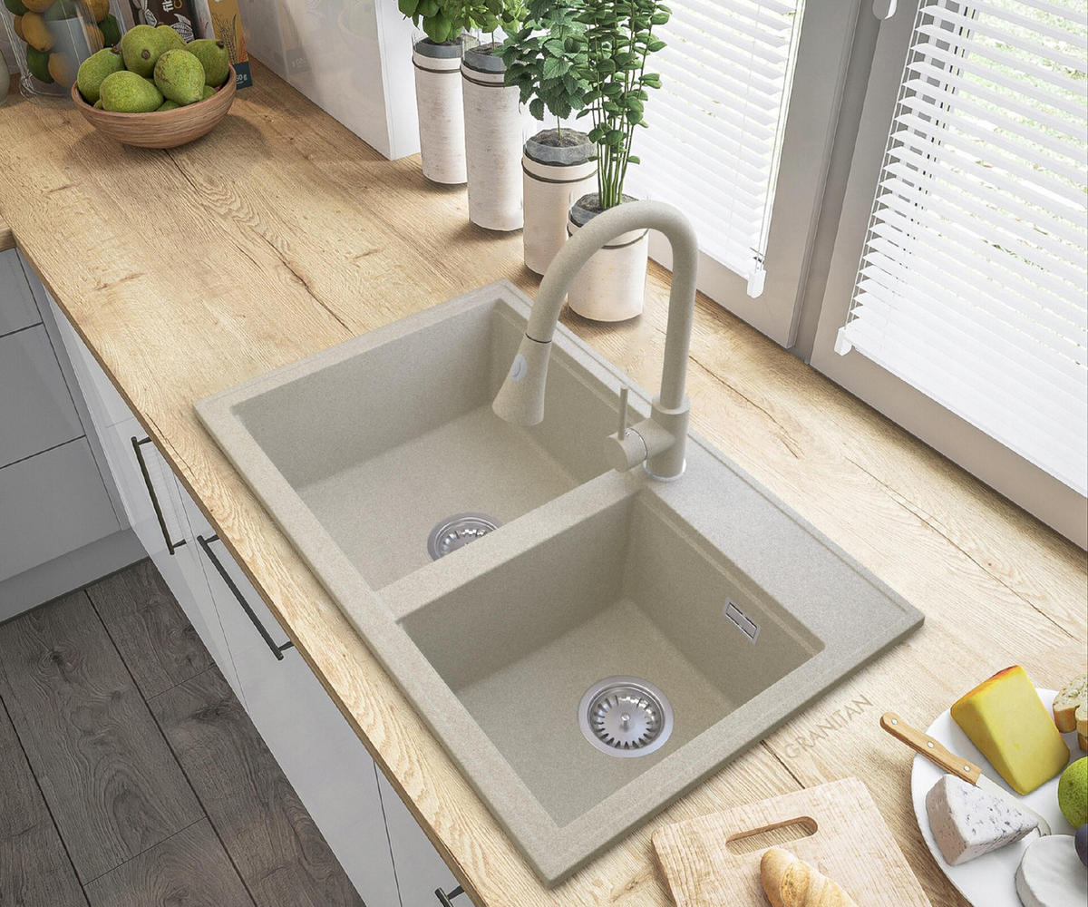 GRANITSPÜLE Hektor mit Küchenarmatur - Beige, Kunststoff/Stein (80/50/20cm) - Granitan