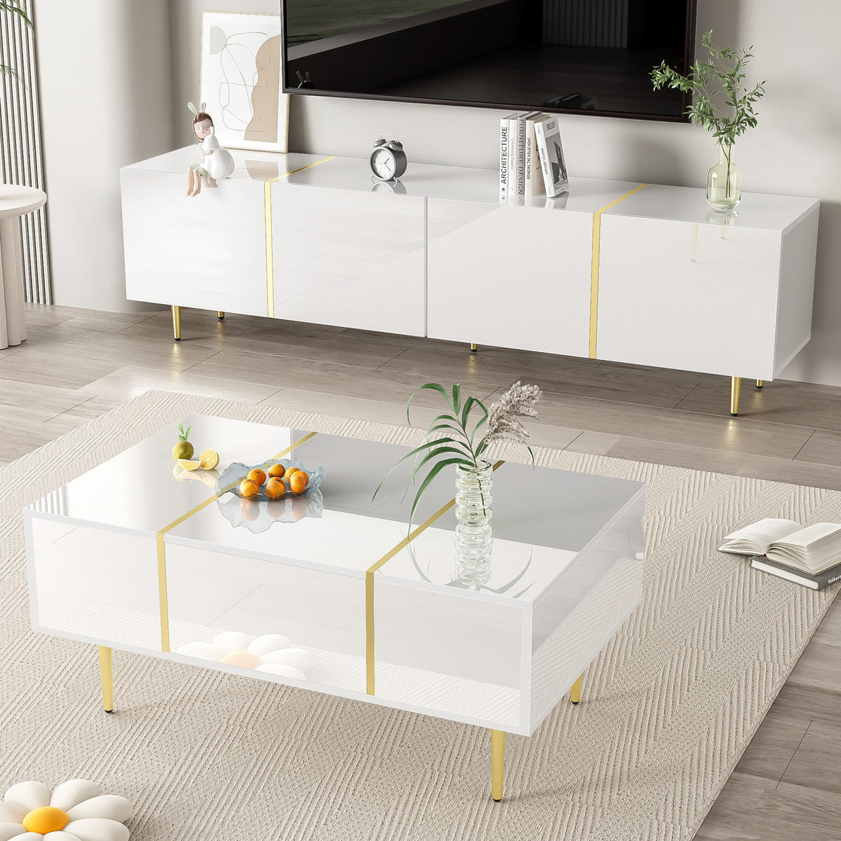 TV-ELEMENT mit Couchtisch - Kombination 2er-Set in Hochglanz Weiß - Weiß, Holzwerkstoff (170/46/35cm) - OKWISH