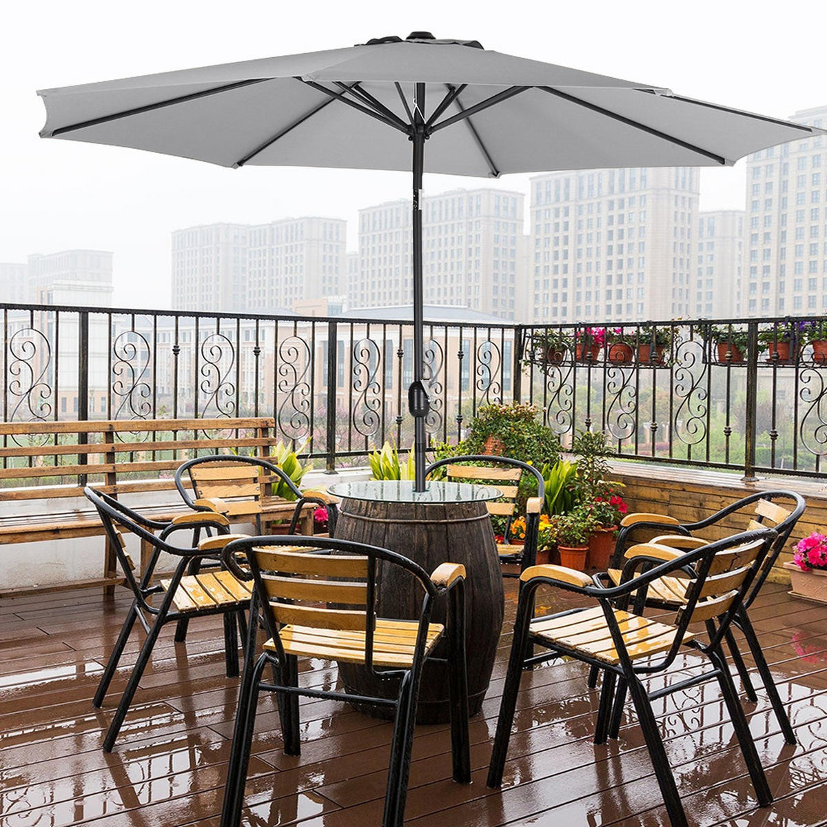SONNENSCHIRM aus Polyester Metall in Hellgrau mit Resin-Sockel drehbar 360° neigbar 60° 3 x 2.4m Ø49 × 35 cm - Grau, Metall (240/50cm) - Livingandhome