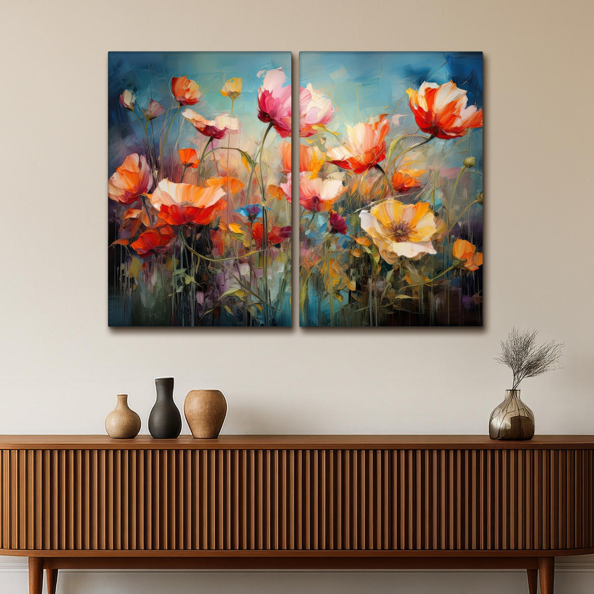 LEINWANDBILD 2er Set Blumen - Bunt - Abstrakt 120x90 cm - Blaugrau, Textil (120/90cm) - MuchoWow