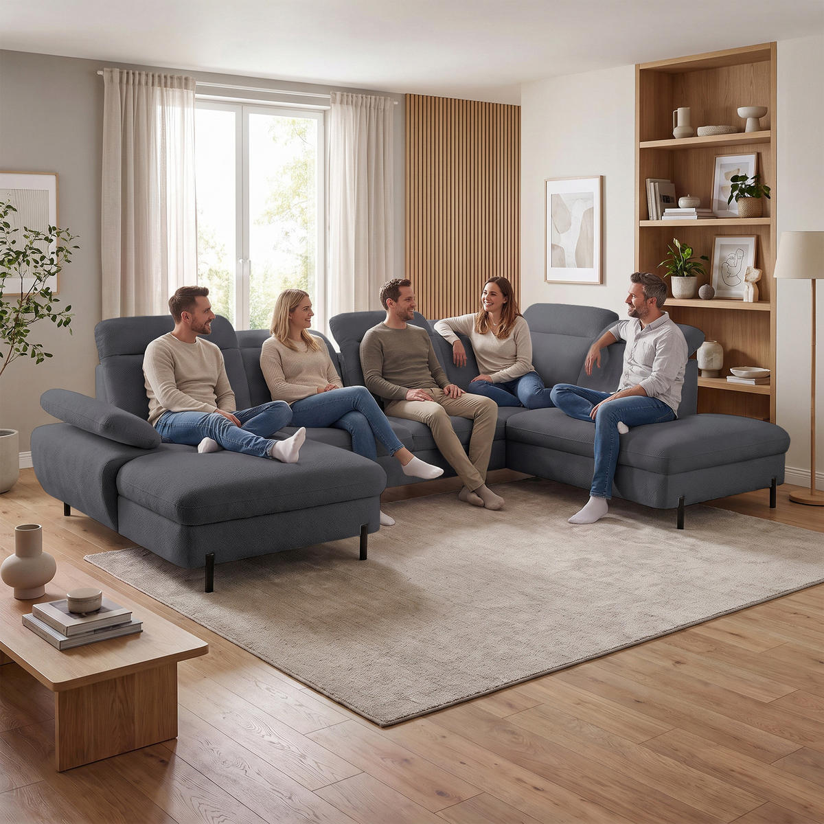 SEDACÍ SOUPRAVA Sora U s funkcí spaní, nastavitelnou hloubkou sedu, opěrkami hlavy a područkou, 365 cm, antracitová, levá - černá/antracitová, textil (365/107/235cm) - Beautysofa