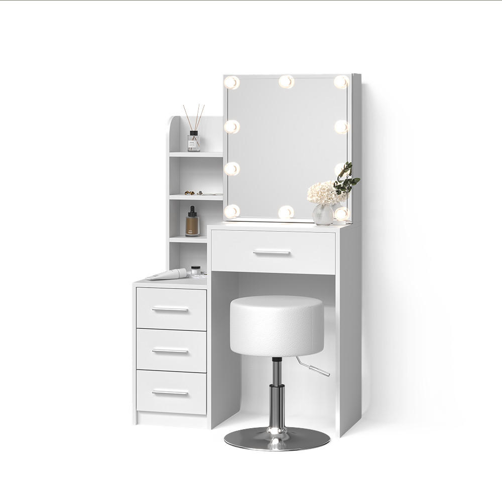 SCHMINKTISCH Loreta Weiß mit LED Beleuchtung und Hocker - Weiß, Holzwerkstoff (80/131.6/36cm) - Livinity®