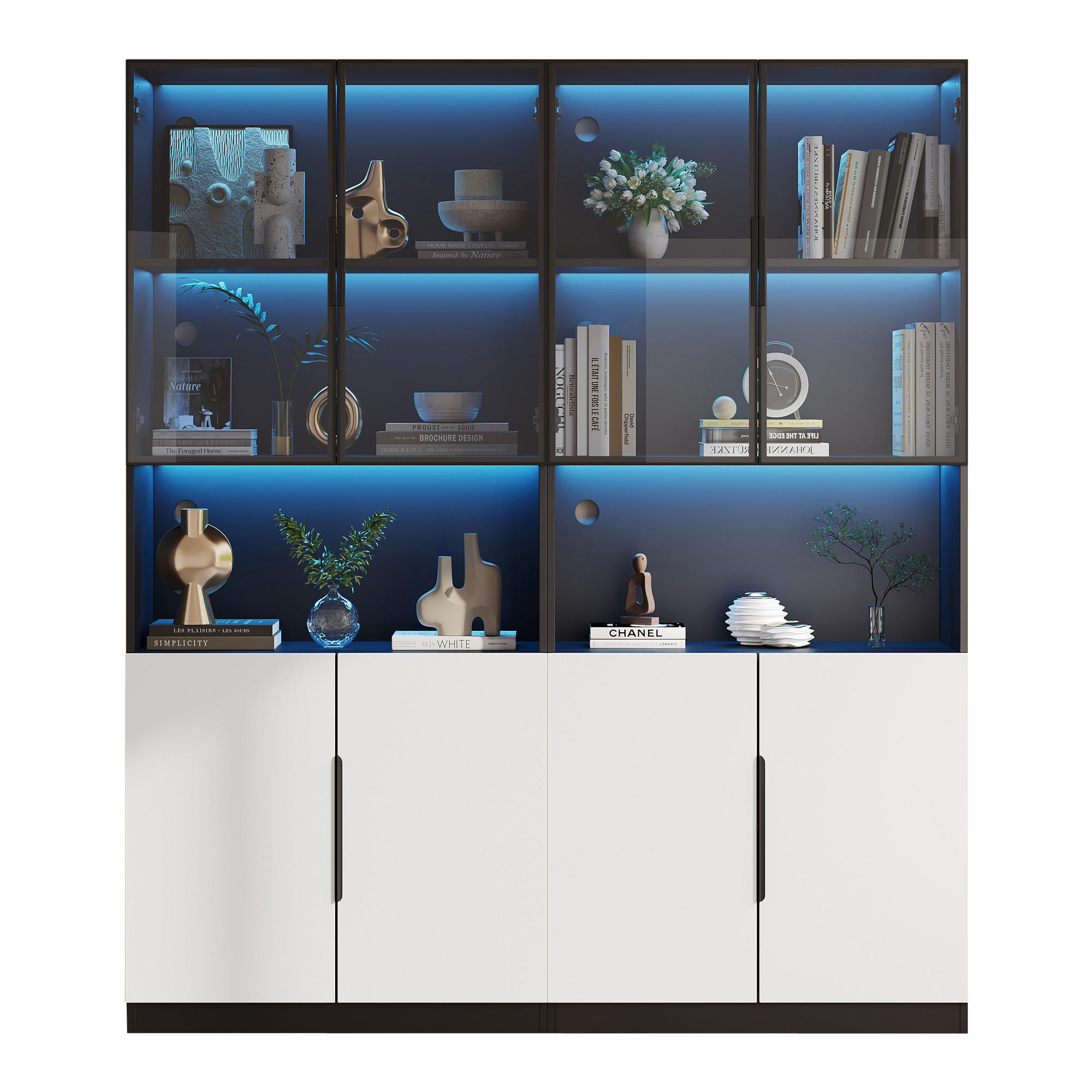 VITRINENKOMBINATION in Weiß und Schwarz mit LED und Glastüren für Wohnzimmer und Büro, B160/T30/H200 cm - Weiß, Holzwerkstoff (160/200/30cm) - STILVORA