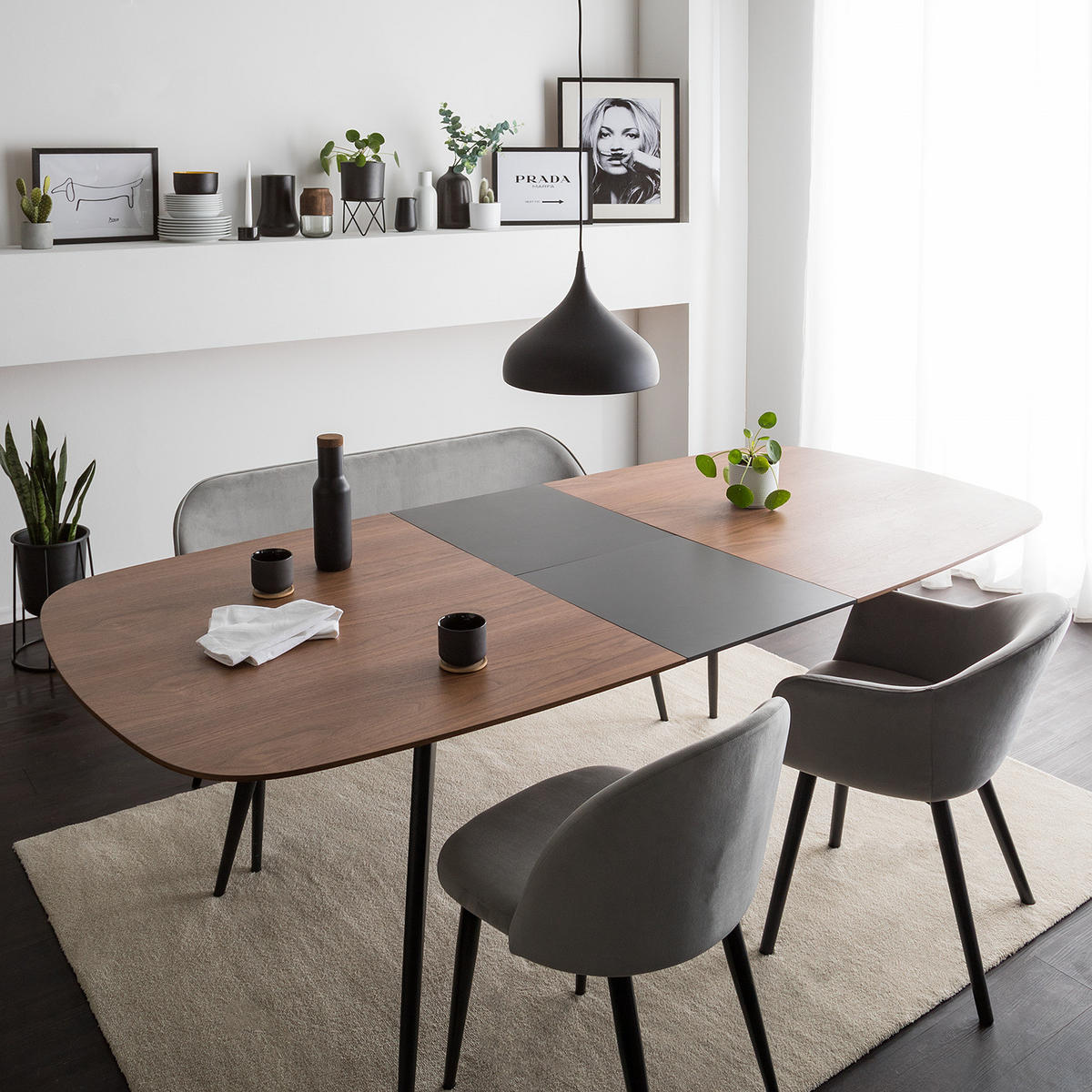 ESSTISCH mit Ausziehfunktion - Walnuss Furnier / Metall - Walnussfarben, Holzwerkstoff (105/180/75cm) - home24