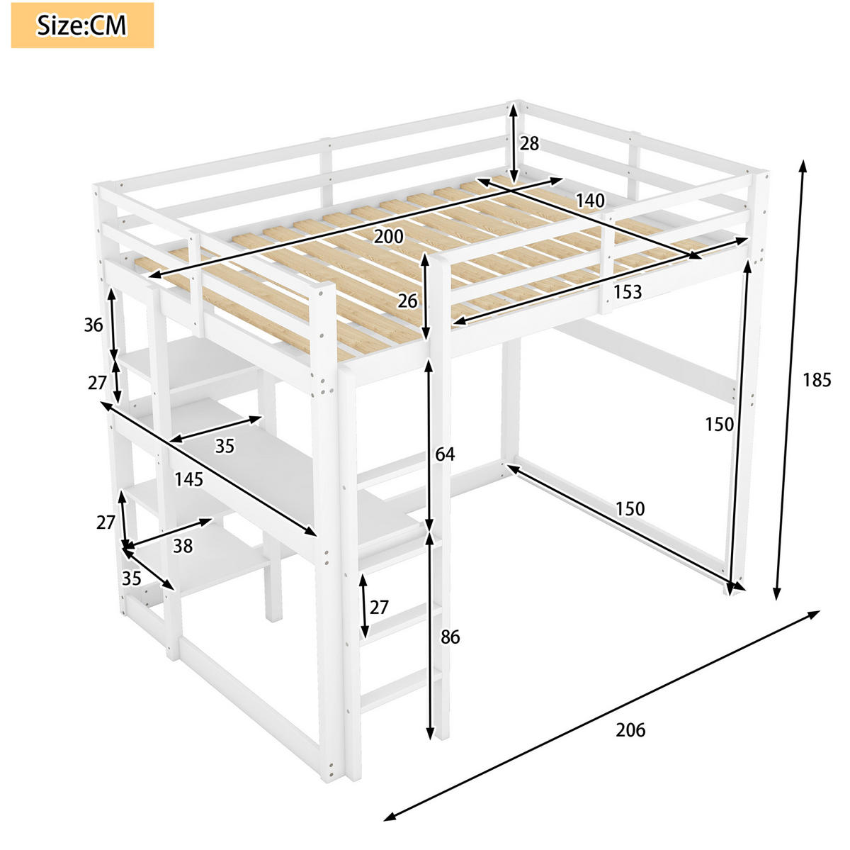 HOCHBETT aus Kiefernholz und MDF 140x200 cm Antikweiß mit Schreibtisch und 4 Ablagefächern - Weiß, Holzwerkstoff (140/200cm) - IVMEU