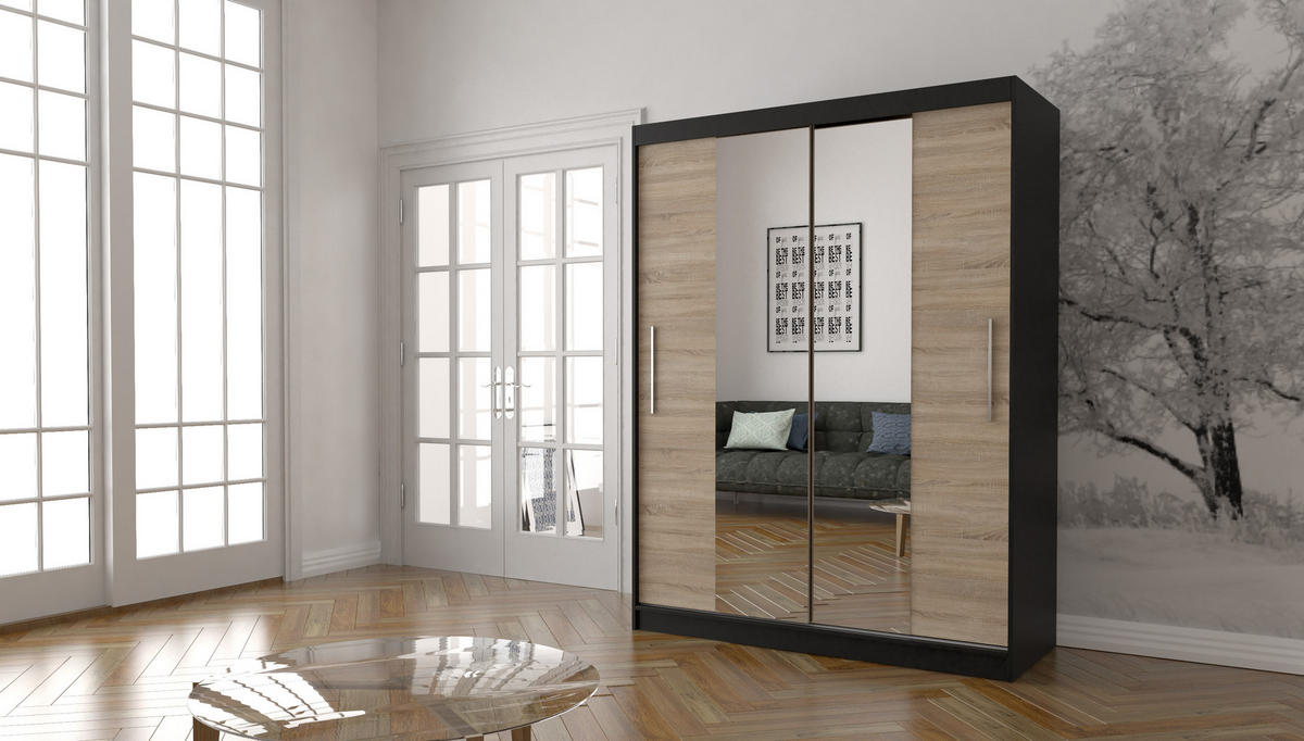 SCHWEBETÜRENSCHRANK Vista 01 Schwarz/Sonoma Eiche + Spiegel, mit LED-Beleuchtung 150cm - Alufarben/Schwarz, Glas/Holzwerkstoff (150/200/61cm) - imoebel24