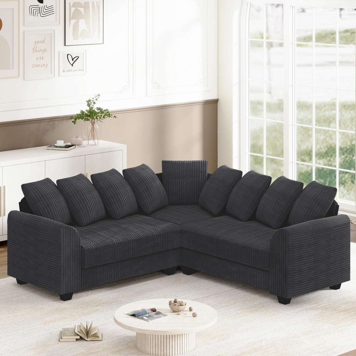 ECKSOFA L-Form Cord 83 cm Sitztiefe, 8,5 cm Füße inkl. 9 Kissen 202/202/74 cm Grau - Grau, Textil (202/202cm) - Redom