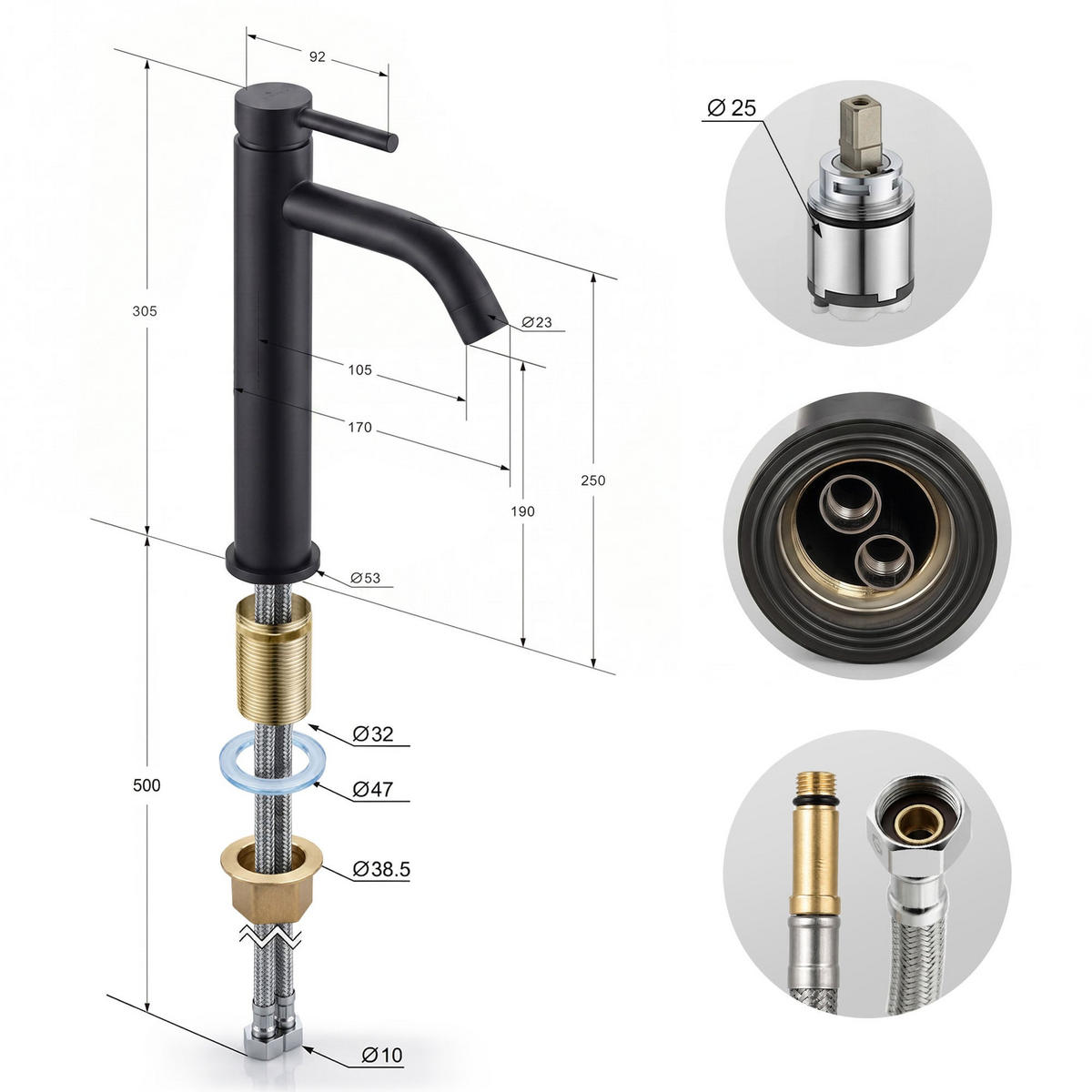 WASCHTISCHARMATUR Verti - Schwarz - Schwarz, Keramik/Metall (5.3/30.5/9.2cm) - Akord