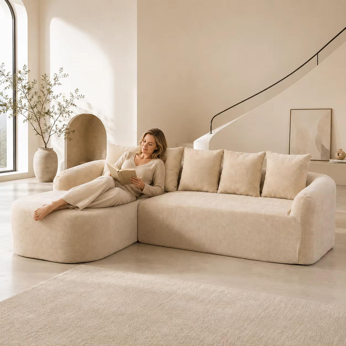 ECKSOFA Chenille, Modulares Kompressionssofa mit Komfortpolsterung, Hellkhaki - Beige, Textil (270/172cm) - Kaket