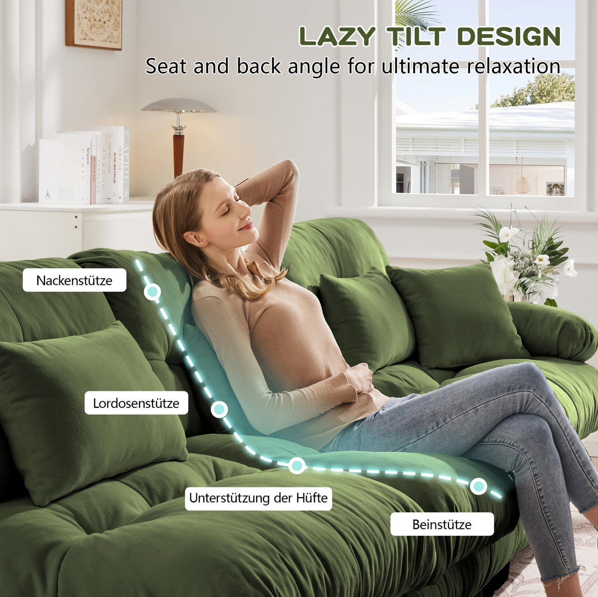 ECKSOFA 406/145/81 cm grün aus Chenille mit modularem Ottoman und Cloud-Komfort - Grün, Textil (145/406cm) - OKWISH